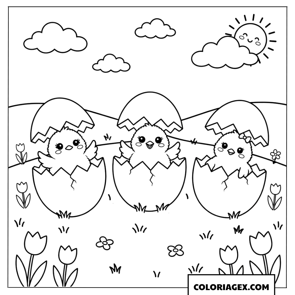 Coloriage de trois poussins fraîchement éclos