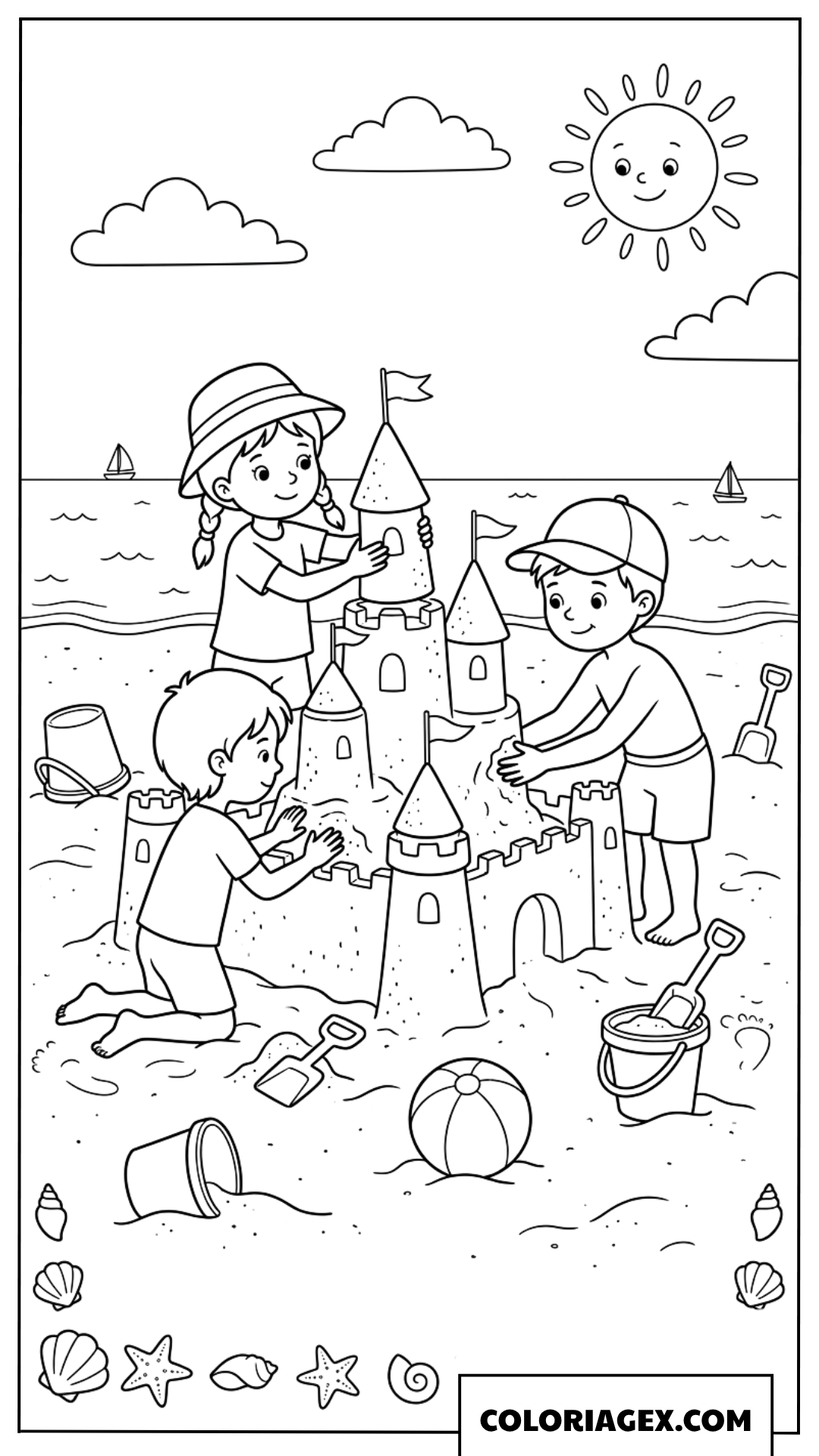Coloriage d'enfants construisant un château de sable sur la plage