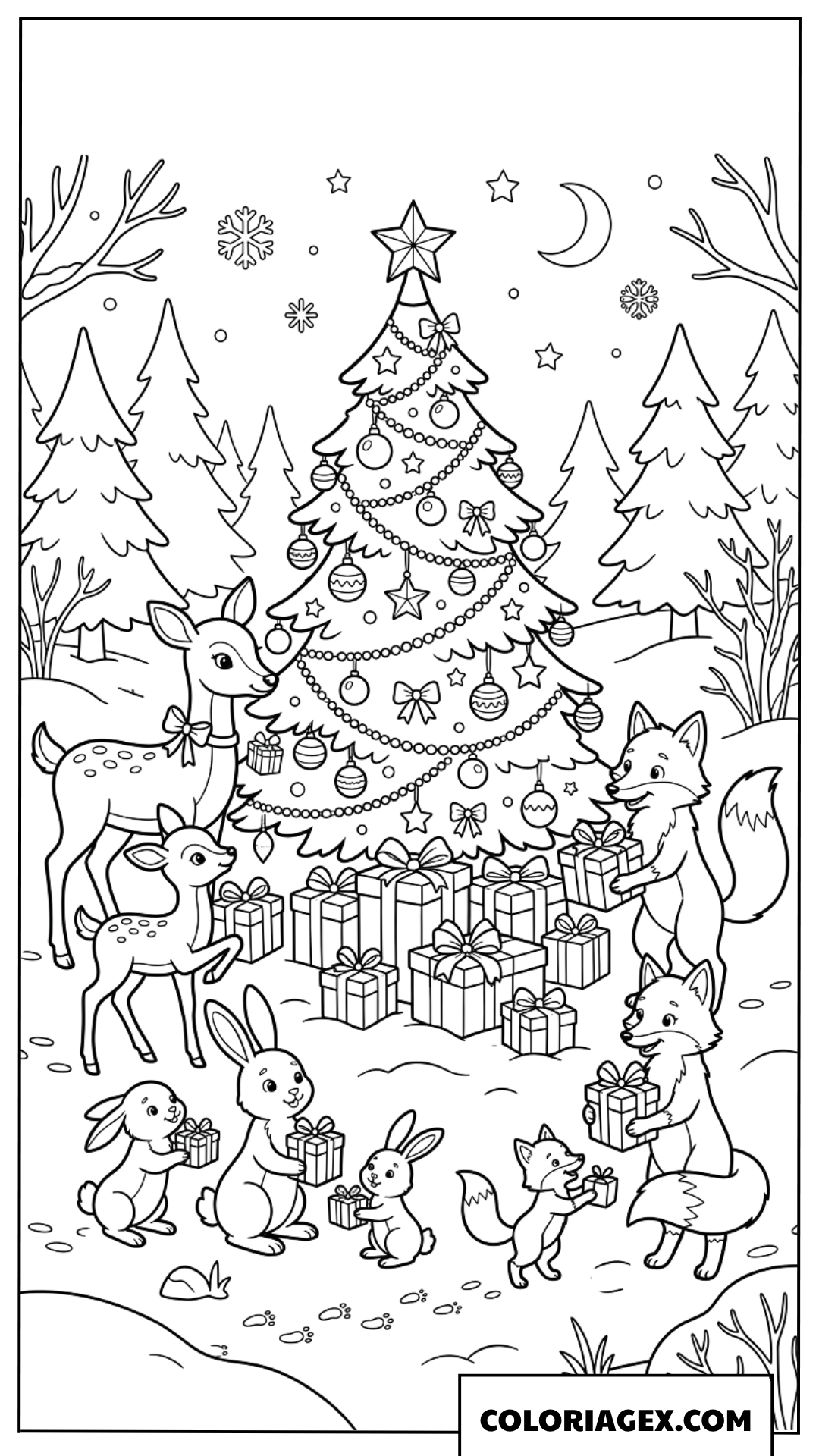 Coloriage des animaux de la forêt offrant des cadeaux près du sapin de Noël