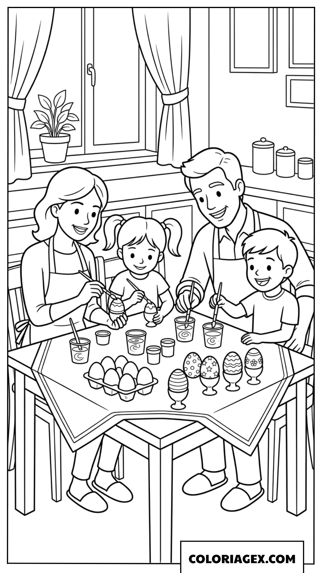 Dessin d'une famille réunie décorant ensemble les œufs de Pâques
