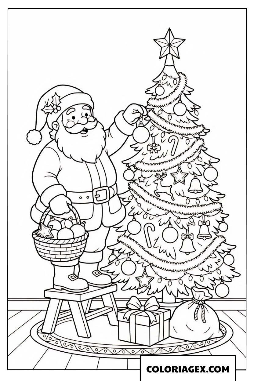 Coloriage du Père Noël décorant le sapin