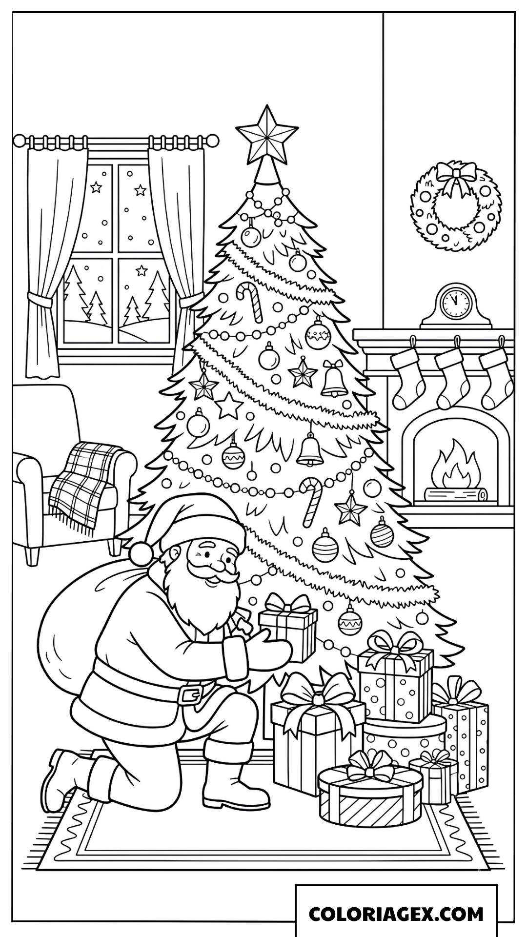 Coloriage du Père Noël déposant des cadeaux sous le sapin