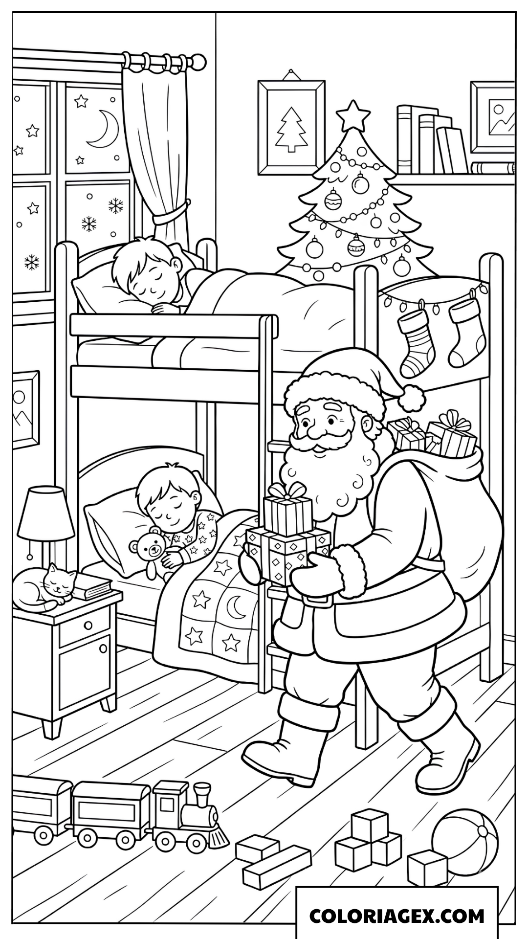 Coloriage du Père Noël distribuant des cadeaux dans une chambre d’enfant