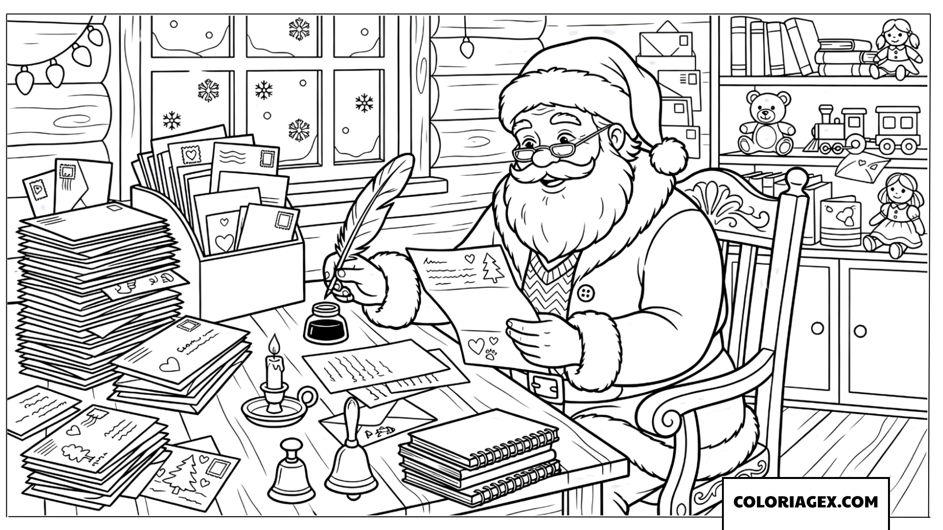 Coloriage du Père Noël écrivant des lettres et vérifiant sa liste de cadeaux