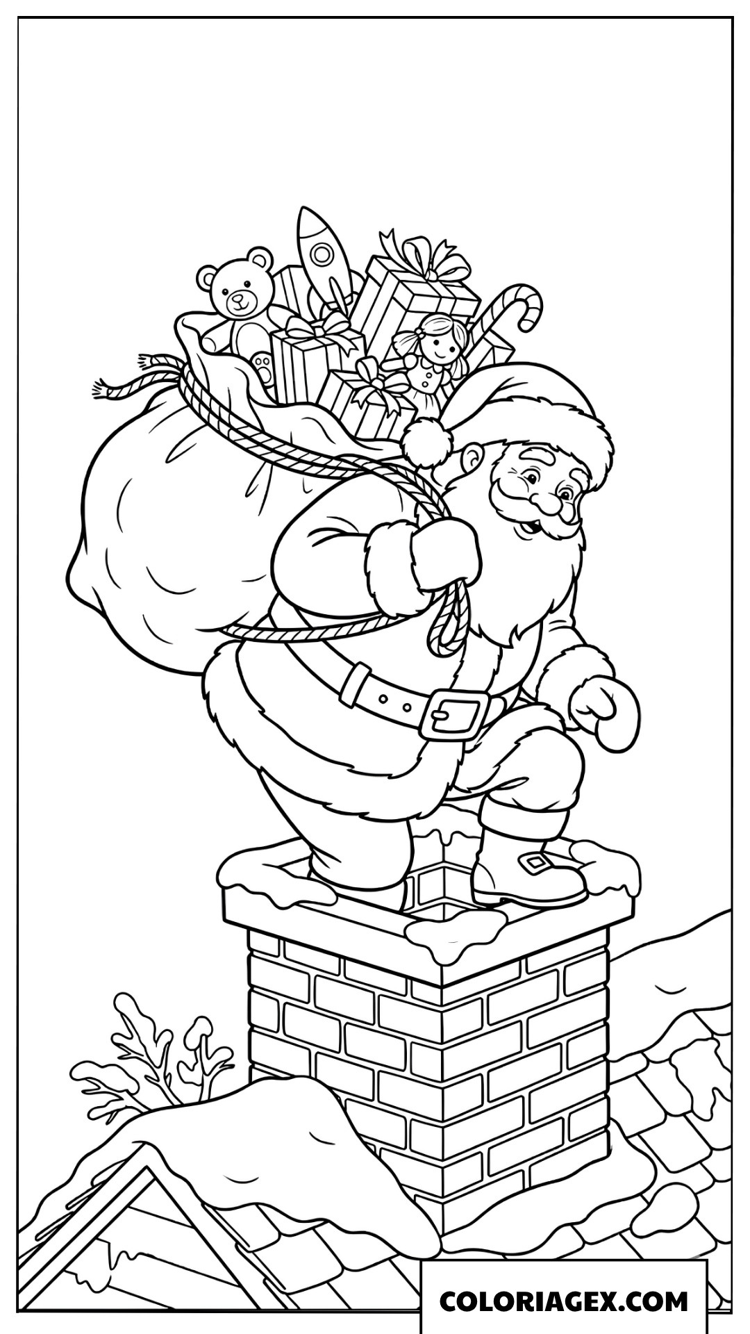 Coloriage du Père Noël entrant dans une cheminée avec les cadeaux