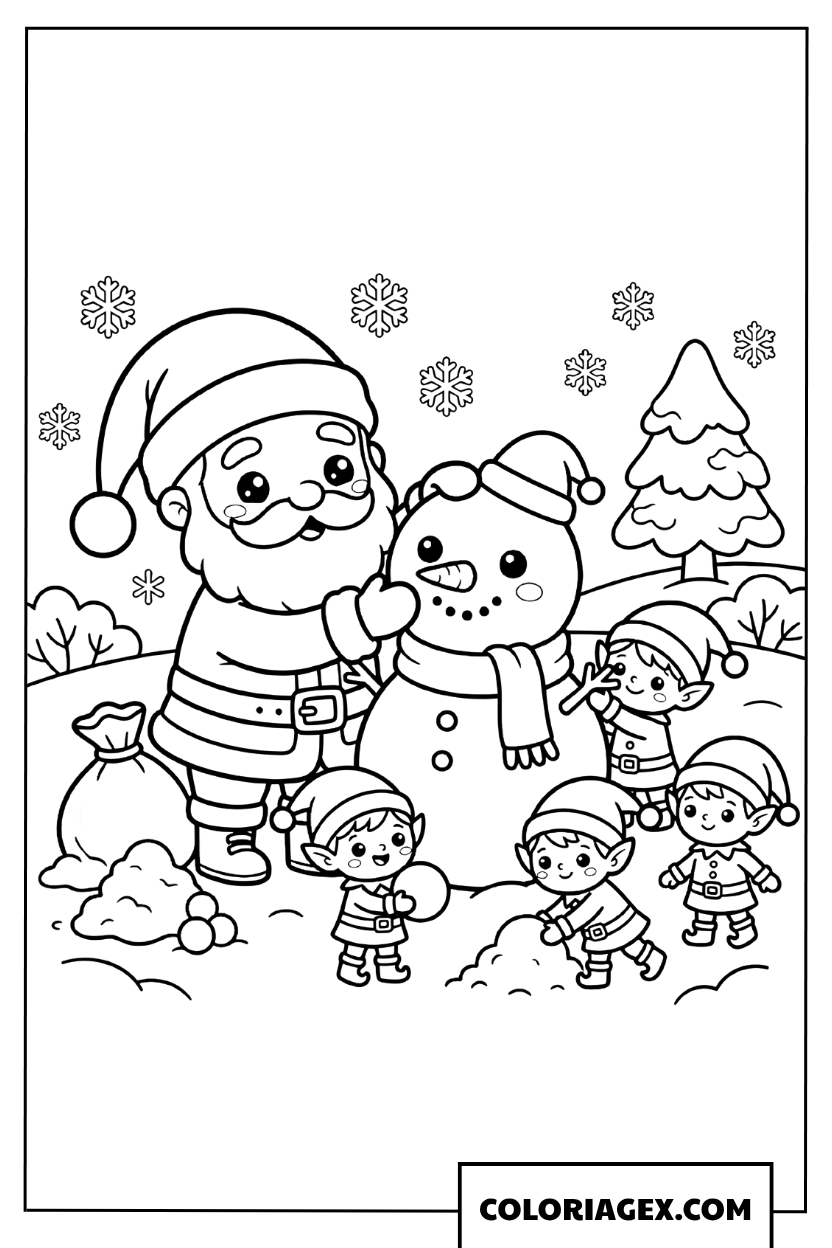 Coloriage du Père Noël et des lutins construisant un bonhomme de neige