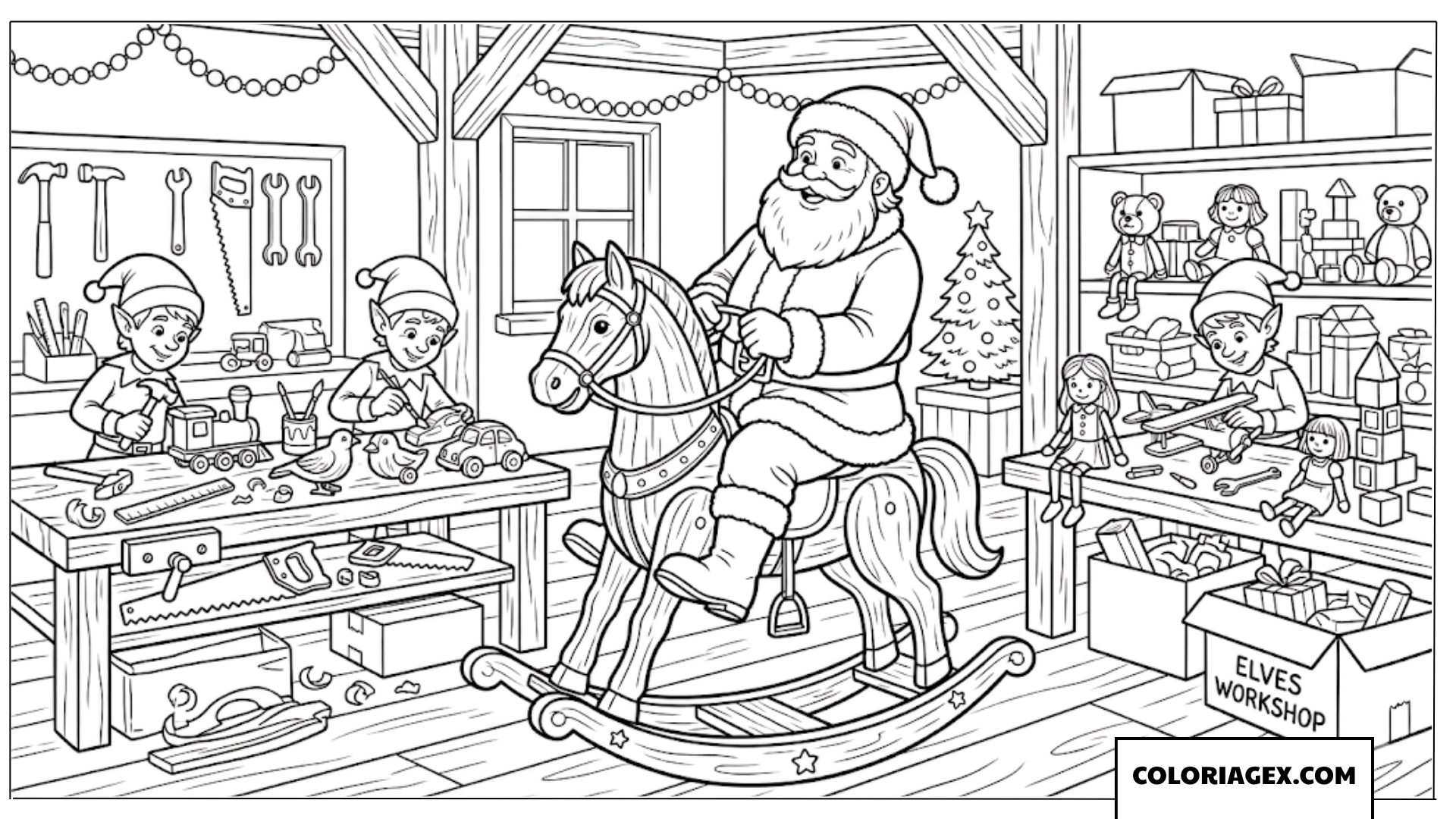 Coloriage du Père Noël et des lutins testant un cheval à bascule