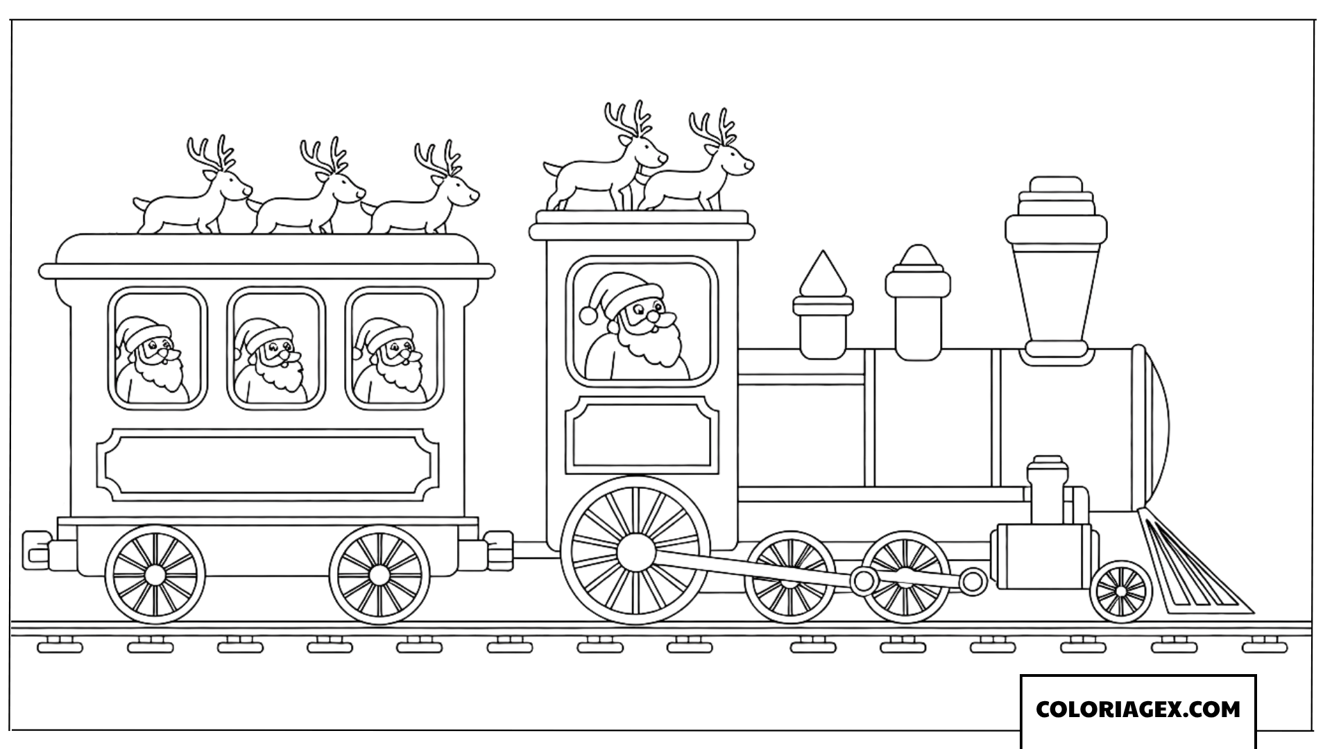 Coloriage du Père Noël et des rennes sur le train magique