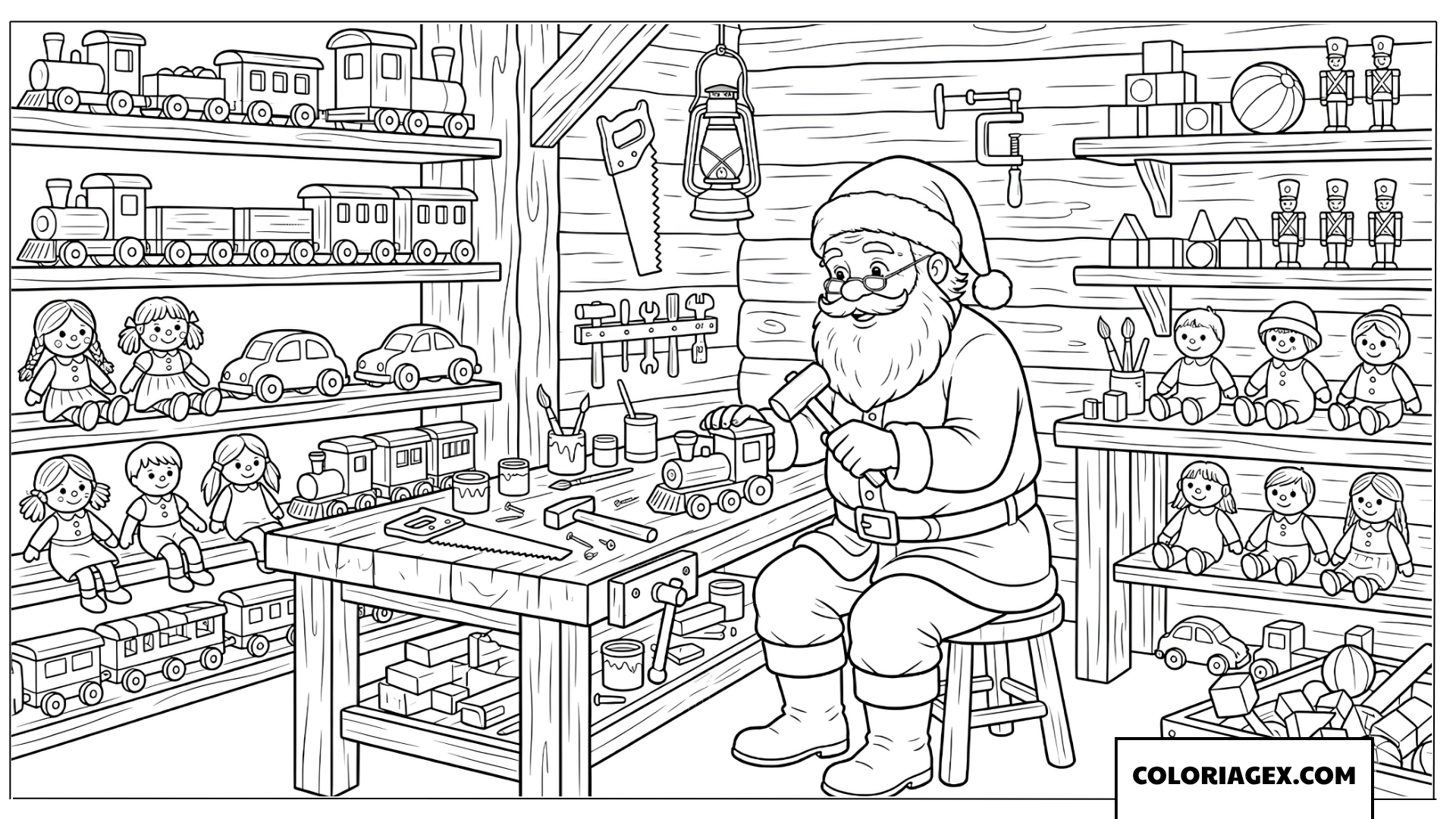 Coloriage du Père Noël fabriquant des jouets dans son atelier du pôle Nord
