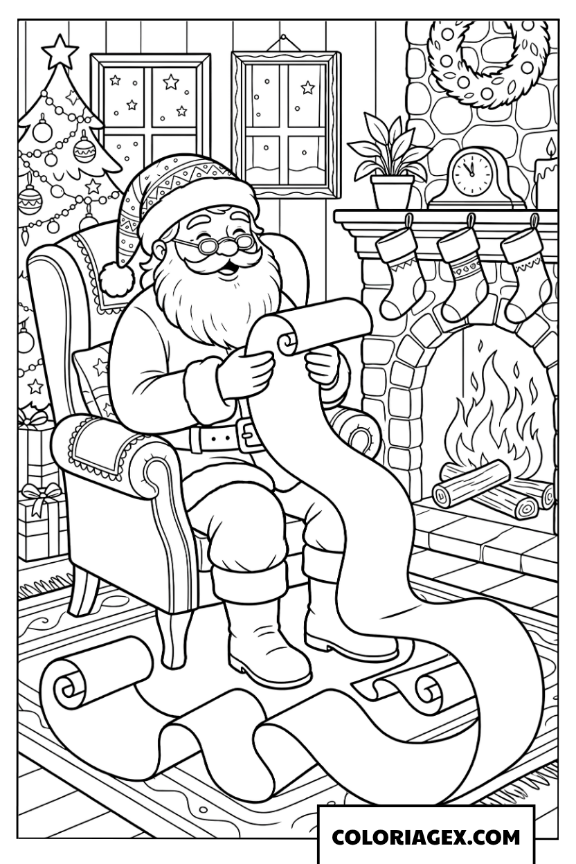 Coloriage du Père Noël lisant sa liste de cadeaux près de la cheminée
