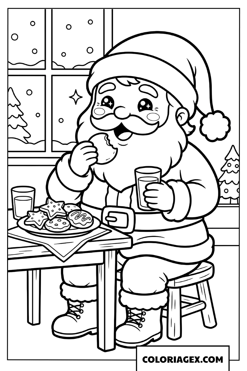 Coloriage du Père Noël mangeant des biscuits et buvant du lait