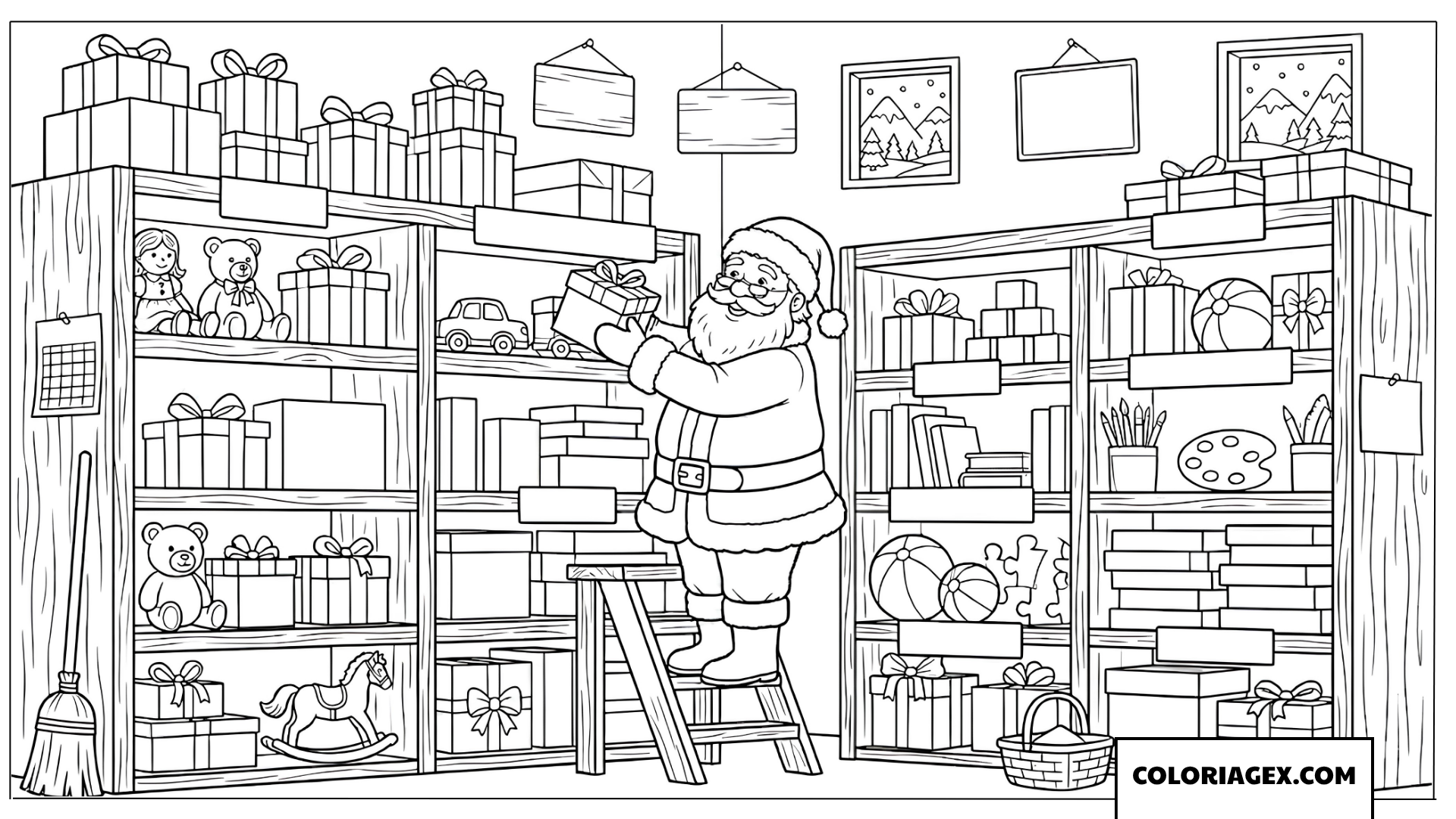 Coloriage du Père Noël organisant l’entrepôt de cadeaux de Noël