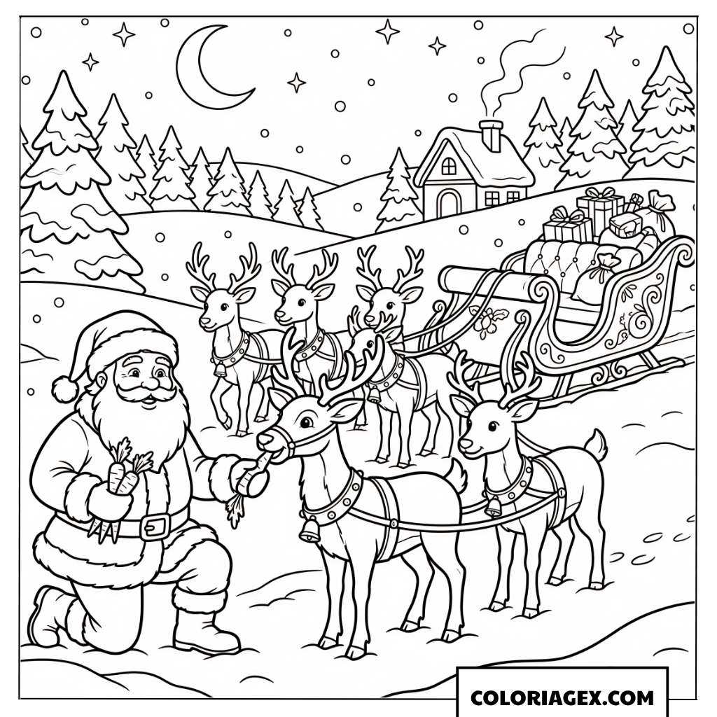 Coloriage du Père Noël prenant soin de ses rennes dans la forêt