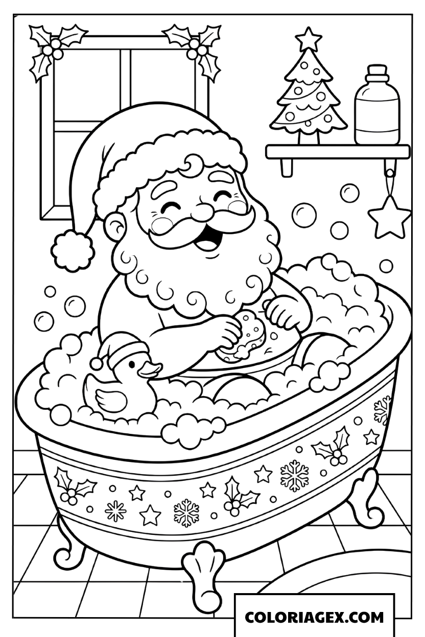 Coloriage du Père Noël prenant un bain moussant amusant