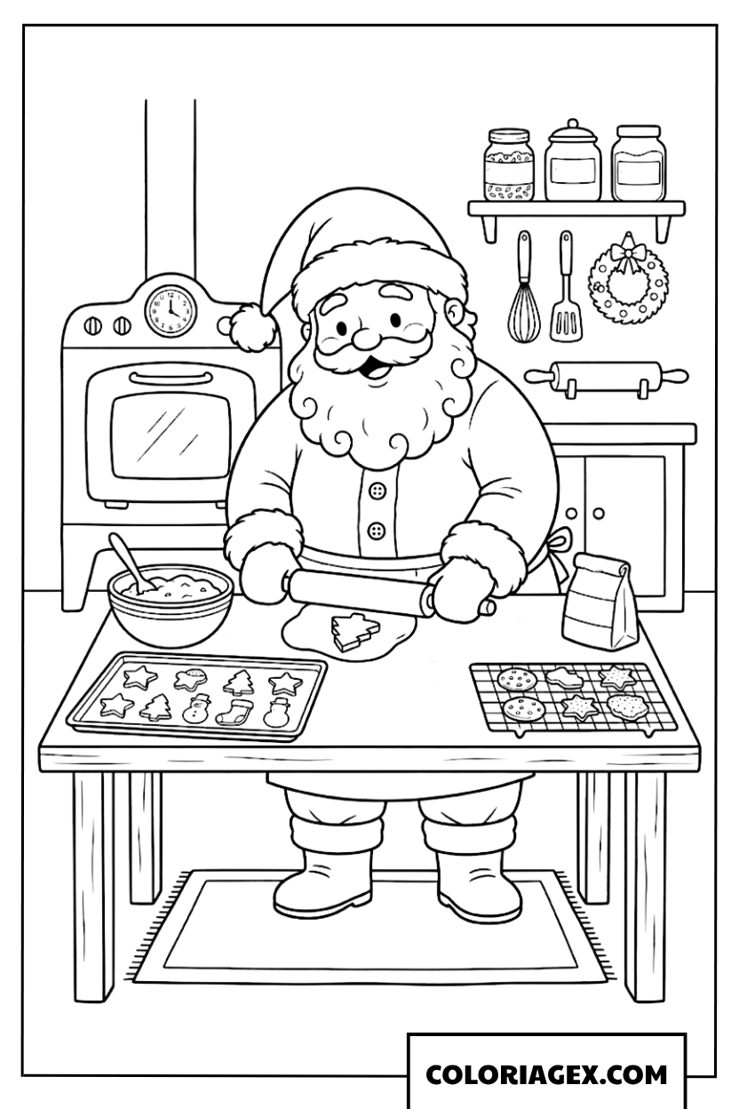 Coloriage du Père Noël préparant des biscuits de Noël