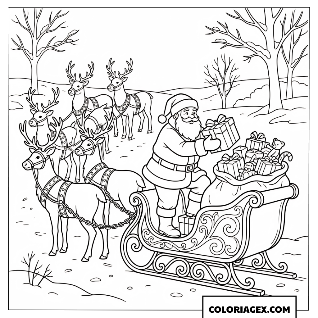 Coloriage du Père Noël préparant son traîneau avec les rennes