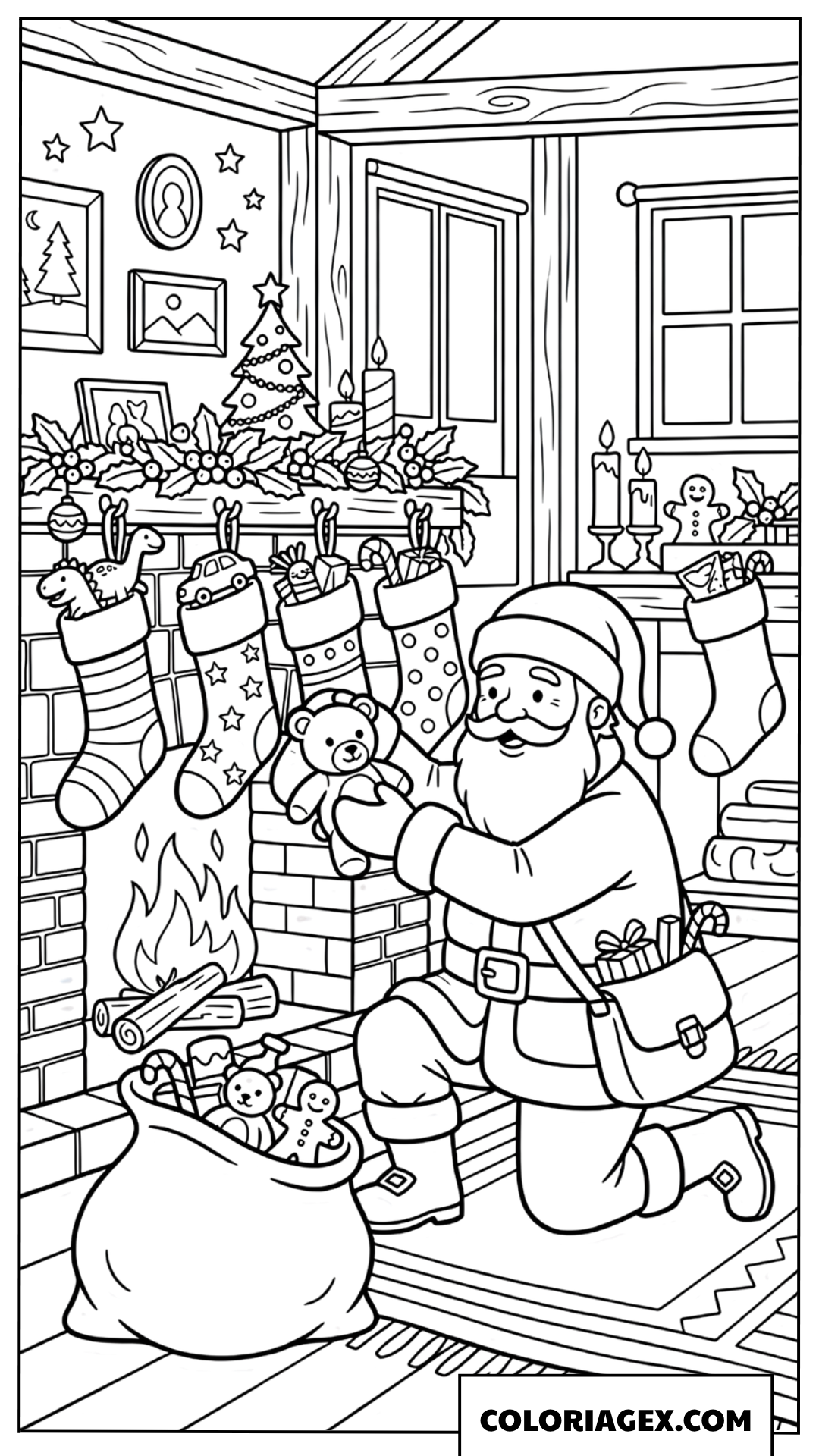 Coloriage du Père Noël remplissant les chaussettes de Noël