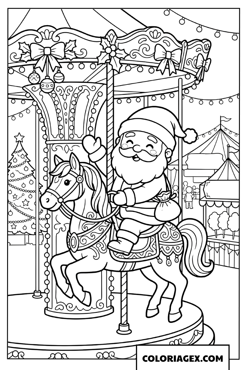 Coloriage du Père Noël sur un carrousel