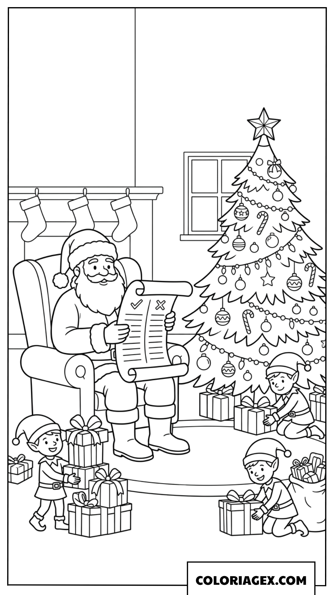 Coloriage du Père Noël vérifiant sa liste près du sapin chaleureux