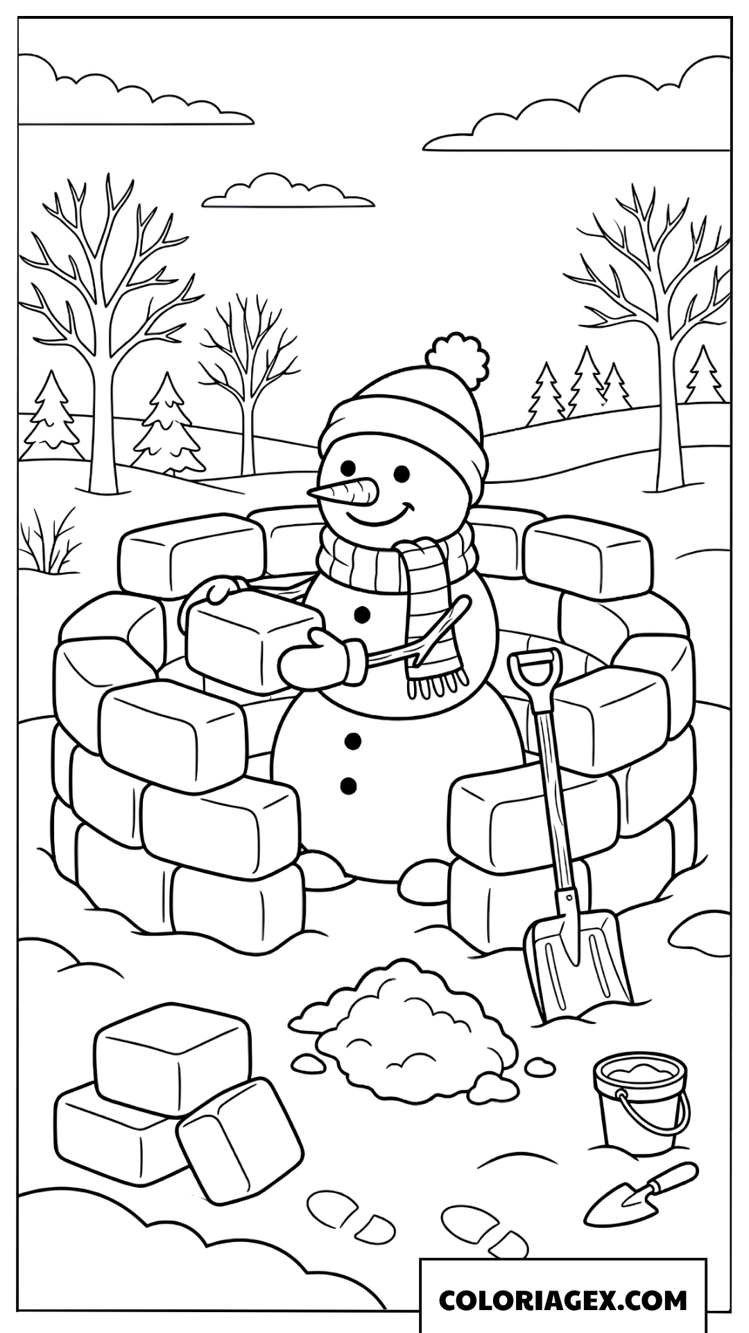 Coloriage du bonhomme de neige construisant un château de glace