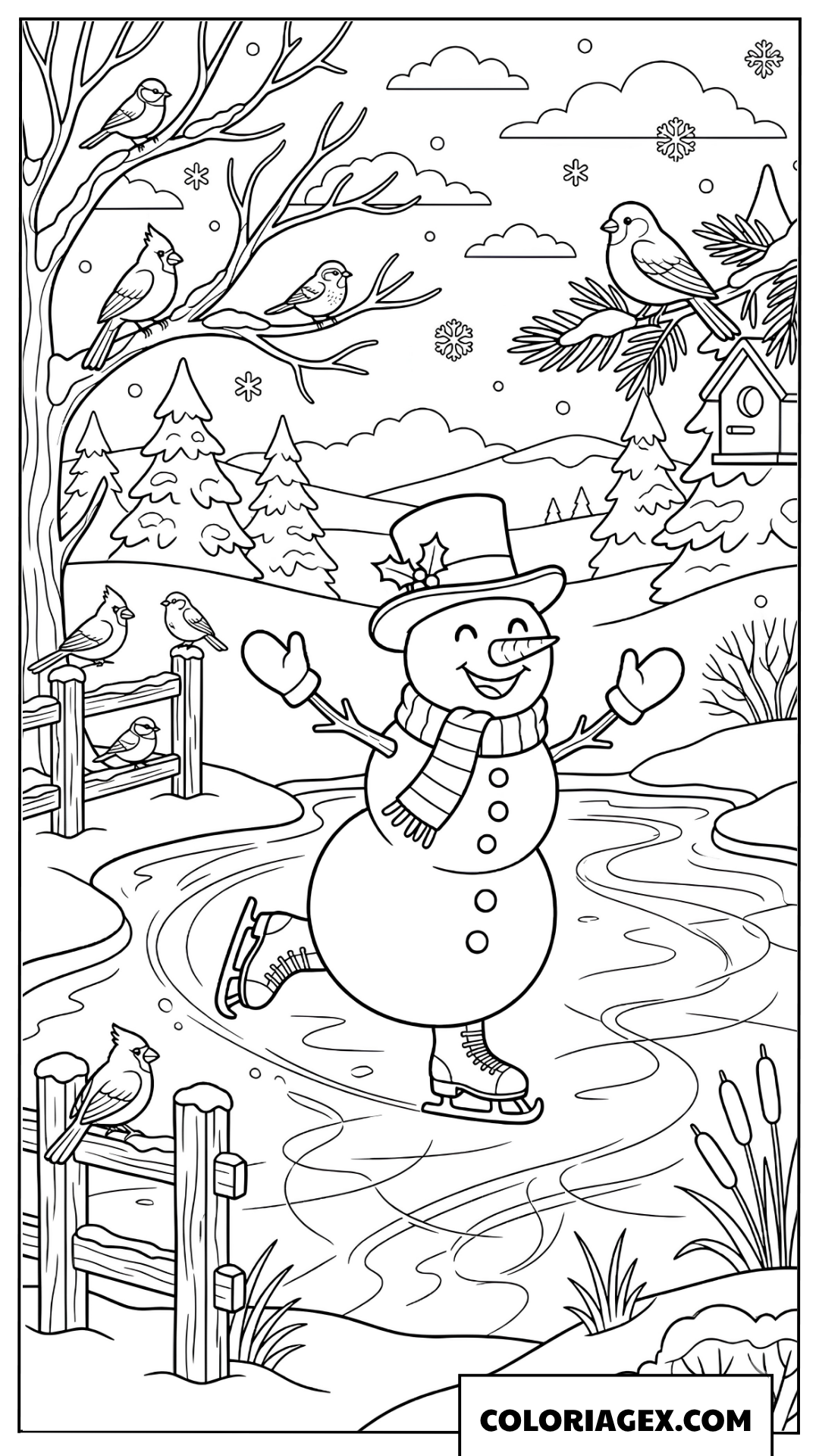 Coloriage du bonhomme de neige faisant du patin sur la rivière