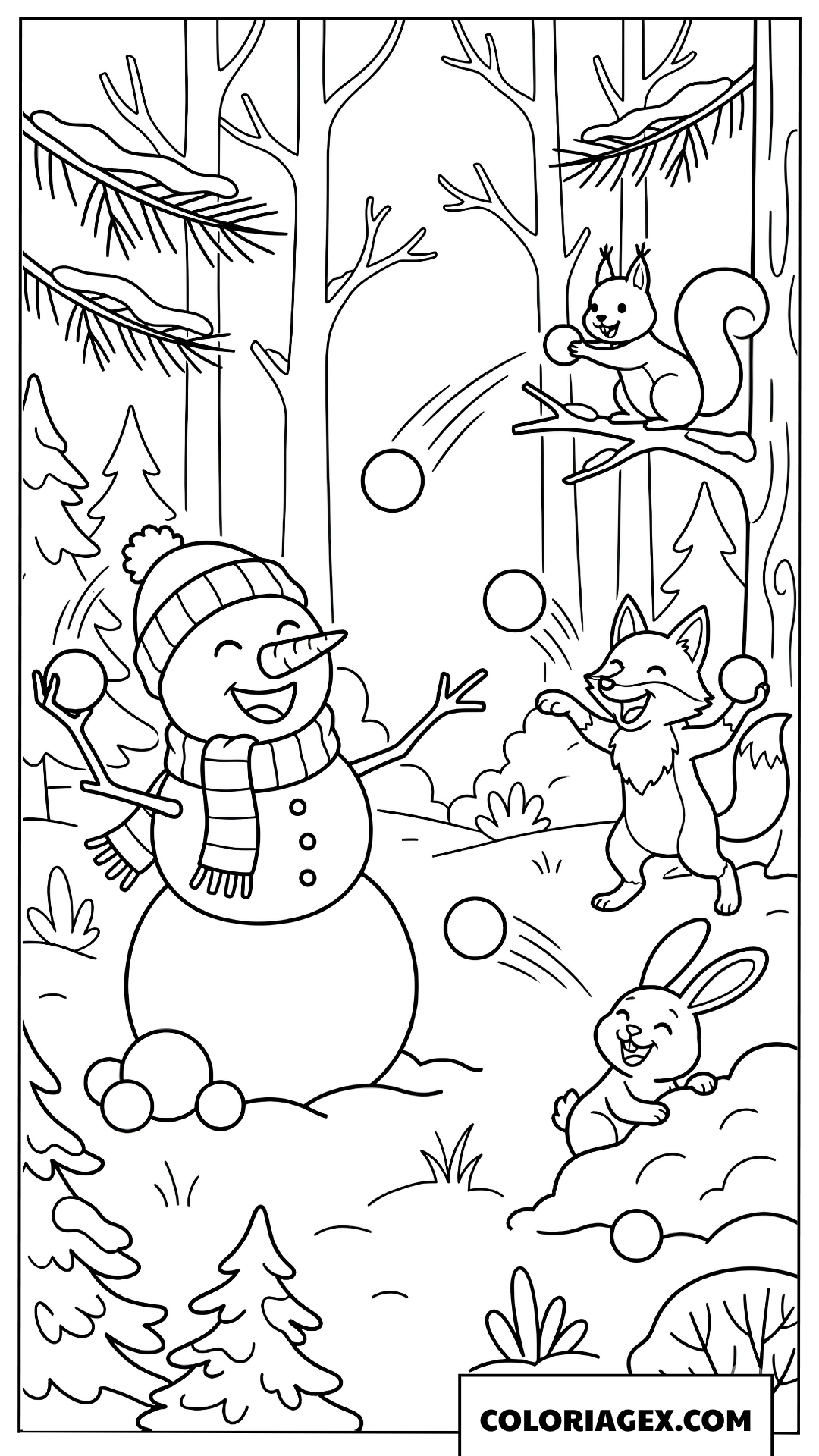 Coloriage du bonhomme de neige jouant à la bataille de boules de neige avec les animaux