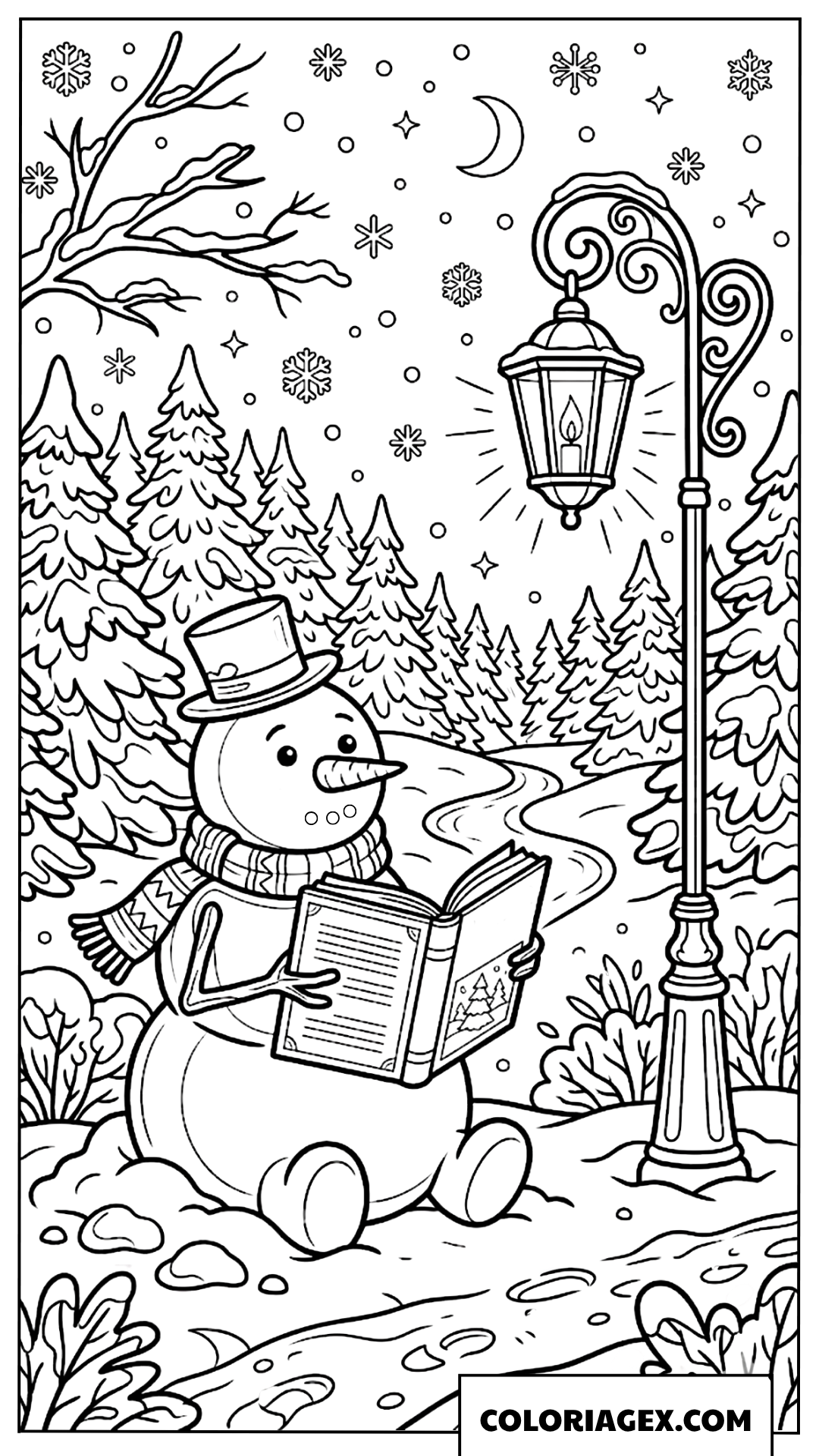 Coloriage du bonhomme de neige lisant sous un lampadaire
