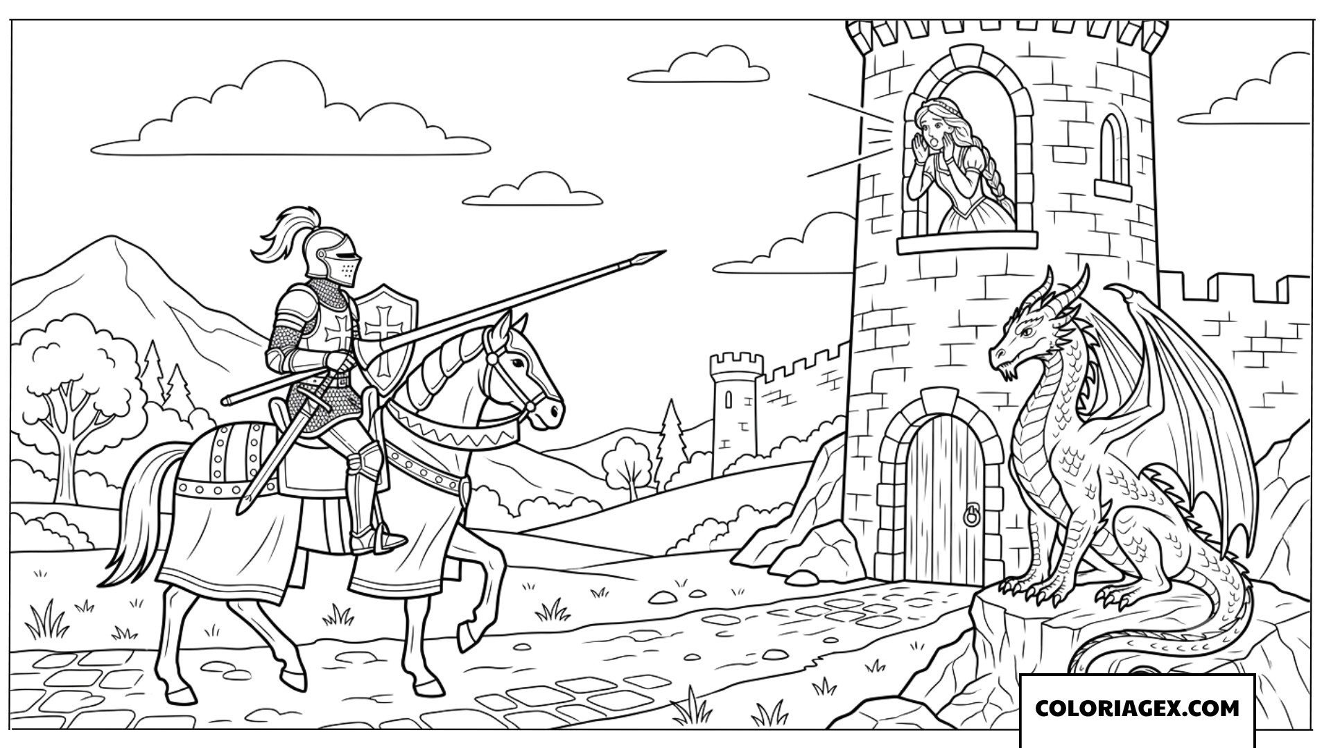 Coloriage du chevalier à cheval sauvant la princesse face au dragon