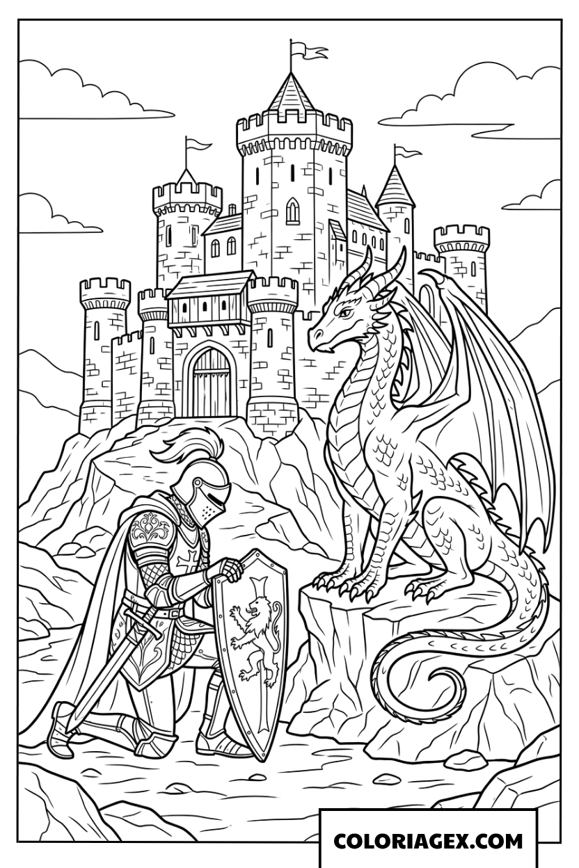 Coloriage du chevalier agenouillé devant le dragon près du chateau