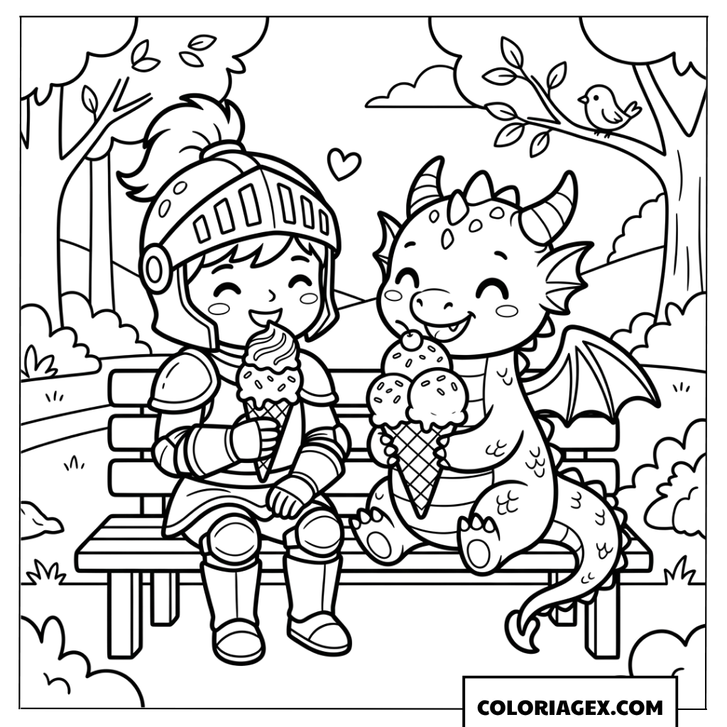 Coloriage du chevalier chibi et petit dragon mangeant une glace