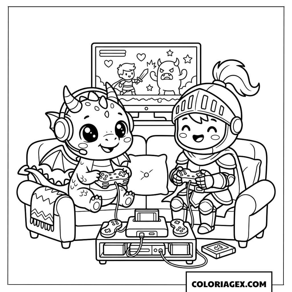 Coloriage du chevalier et bébé dragon chibi jouant aux jeux vidéo