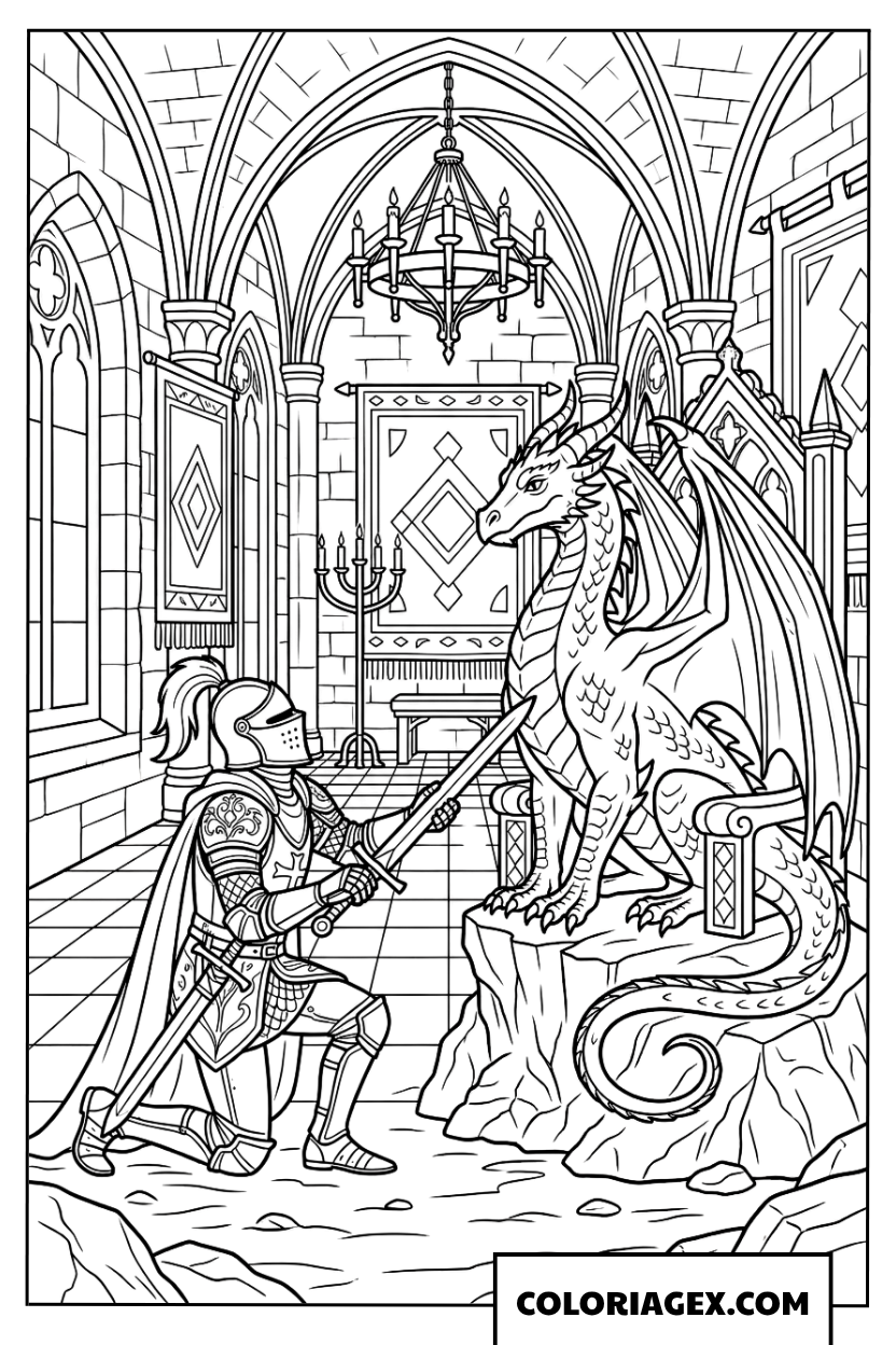 Coloriage du chevalier offrant son épée au dragon dans le palais