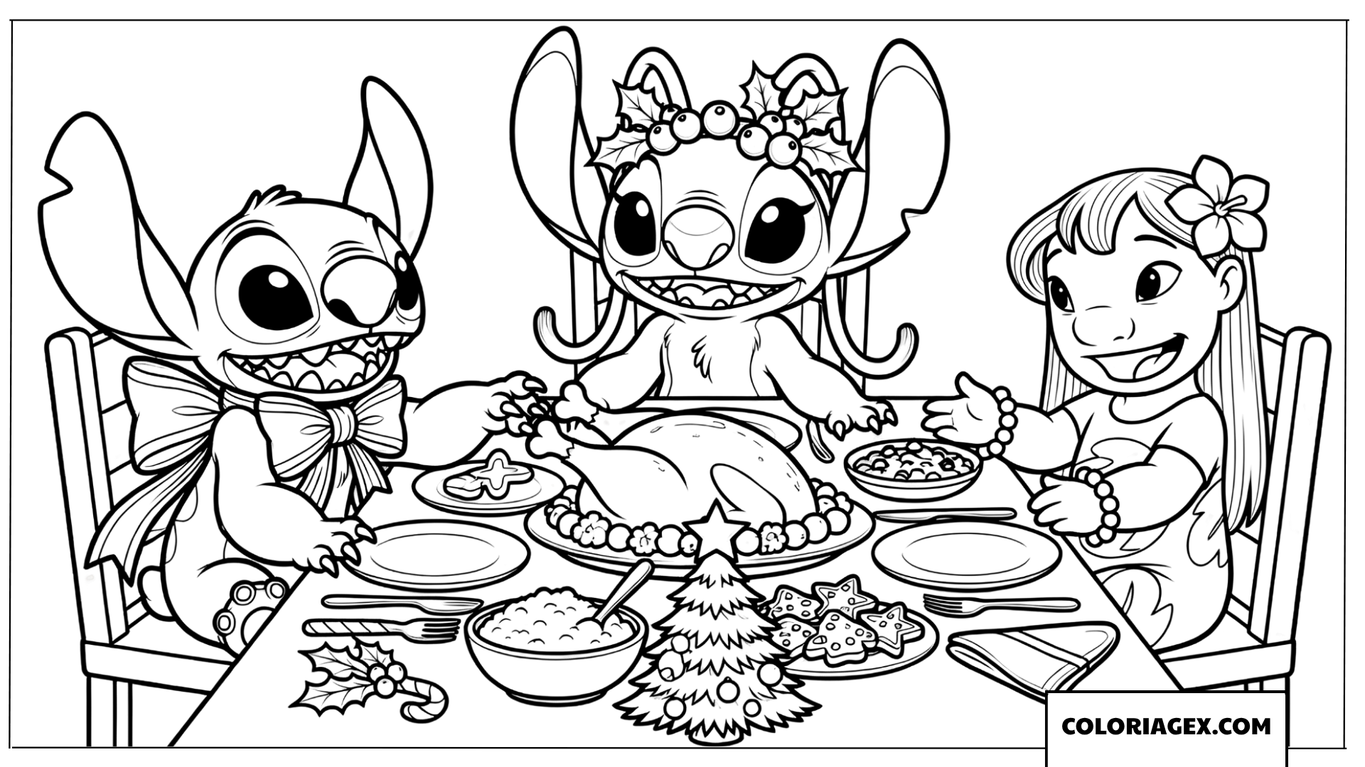 Coloriage du festin de Noël de Stitch et ses amis