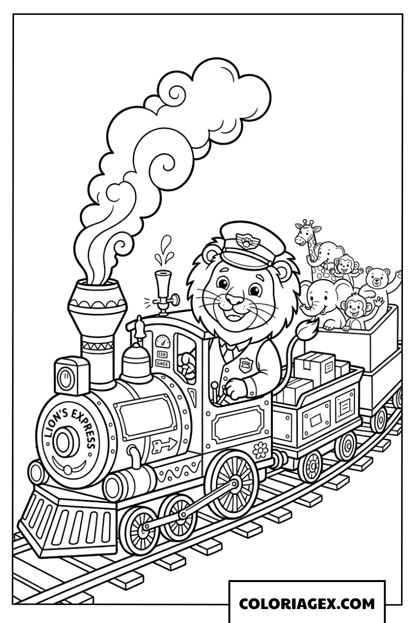 Coloriage du lion rigolo conducteur du train Lion Express