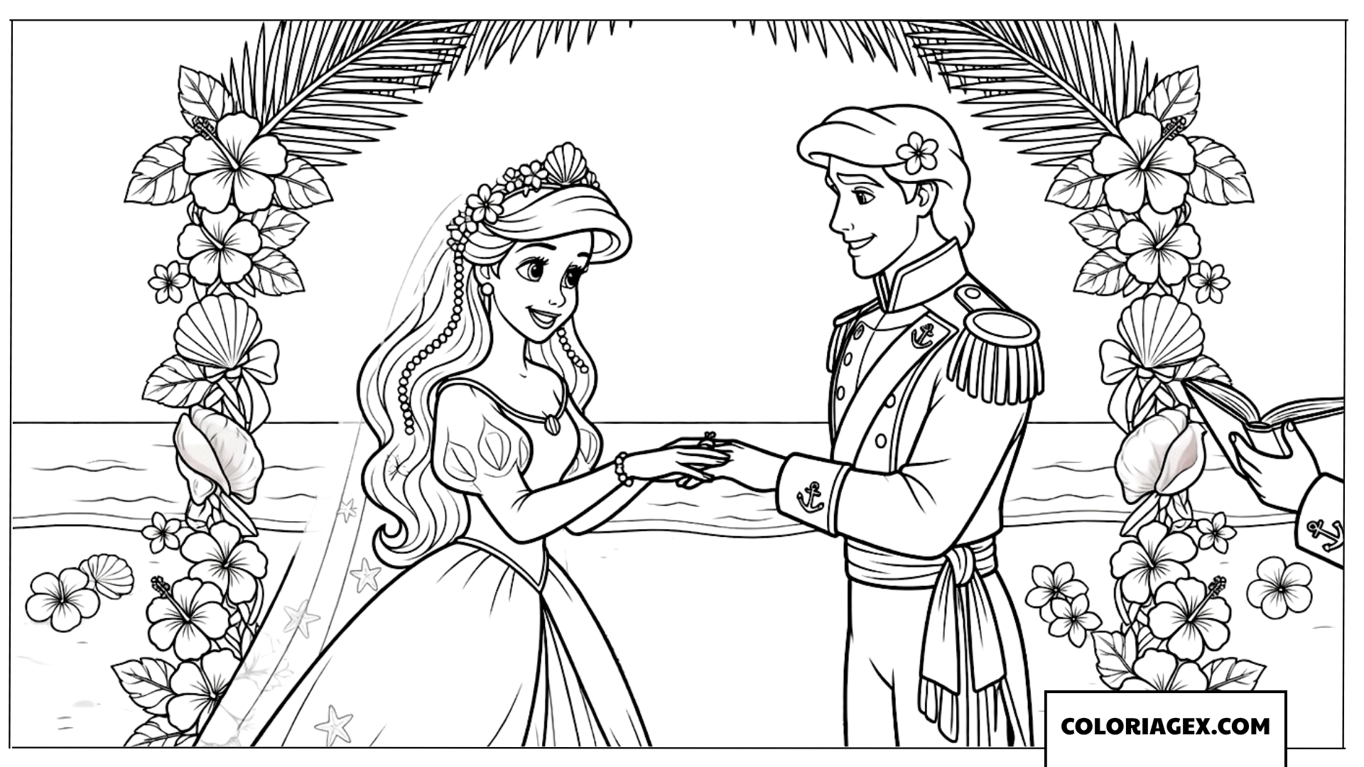 Coloriage du mariage royal d'Ariel et du prince Éric