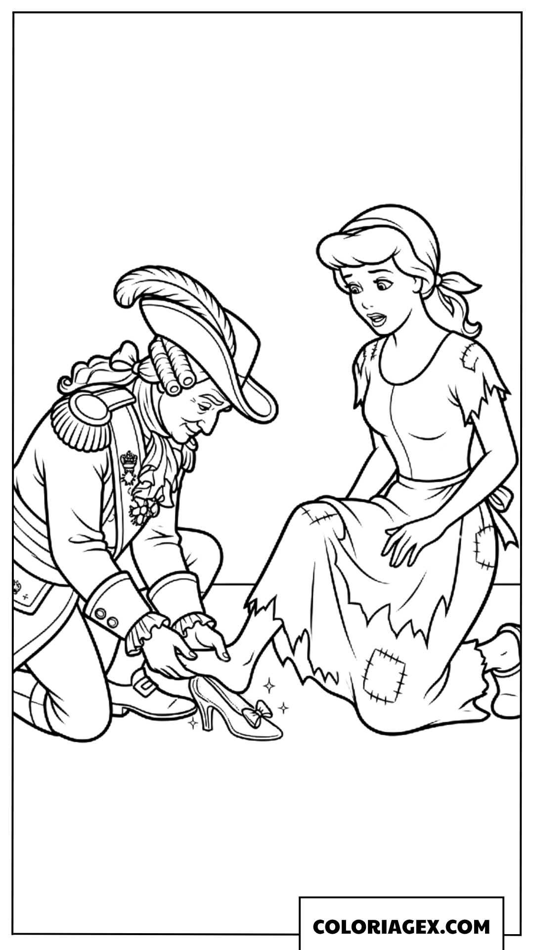 Coloriage du moment où Cendrillon essaie la légendaire pantoufle de verre