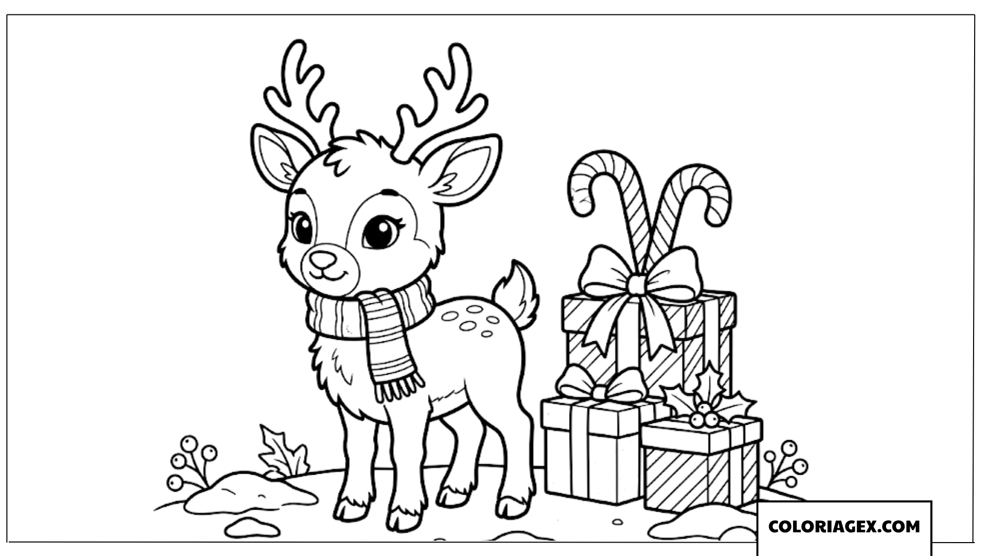 Coloriage du petit renne et des cadeaux de Noël