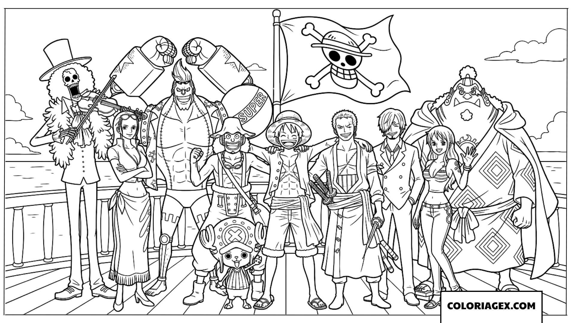Coloriage du portrait de groupe complet de l'équipage de Luffy
