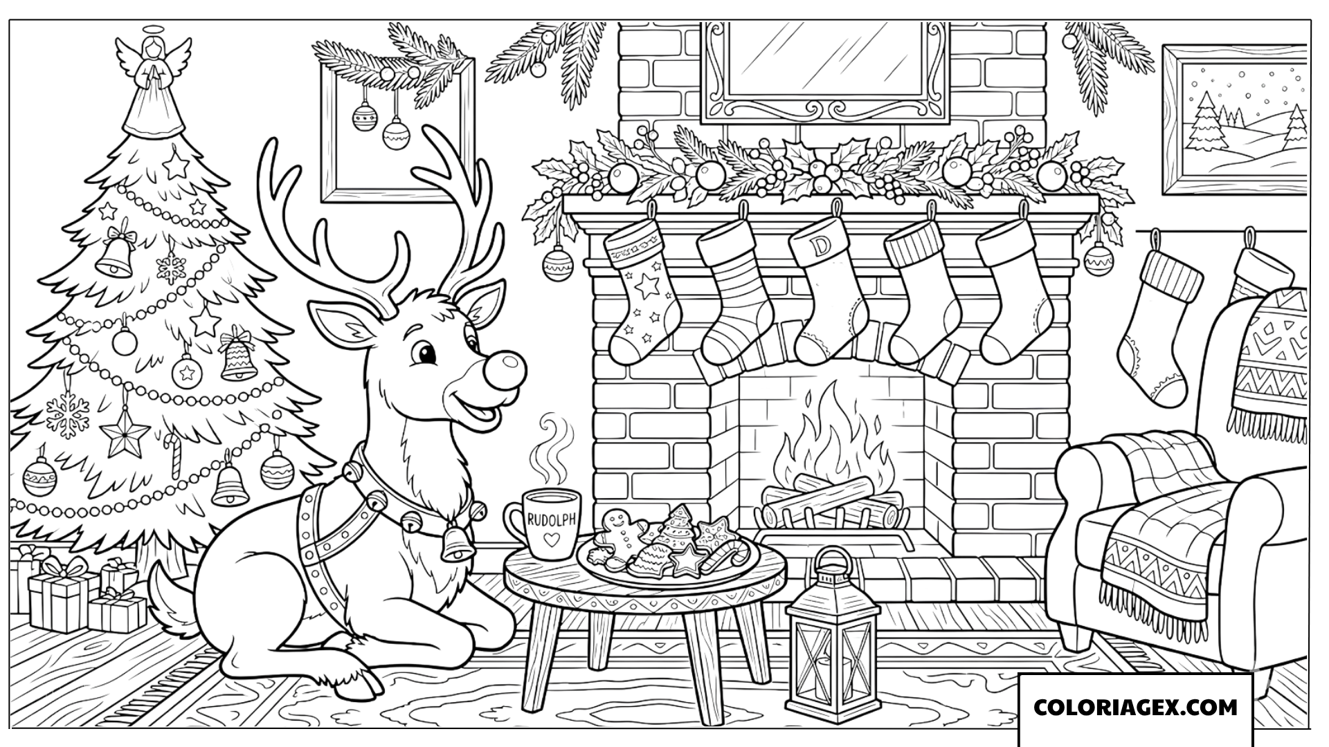 Coloriage du renne se reposant près de la cheminée