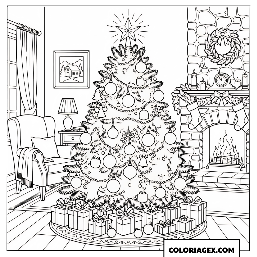 Coloriage du sapin de Noël dans un salon chaleureux