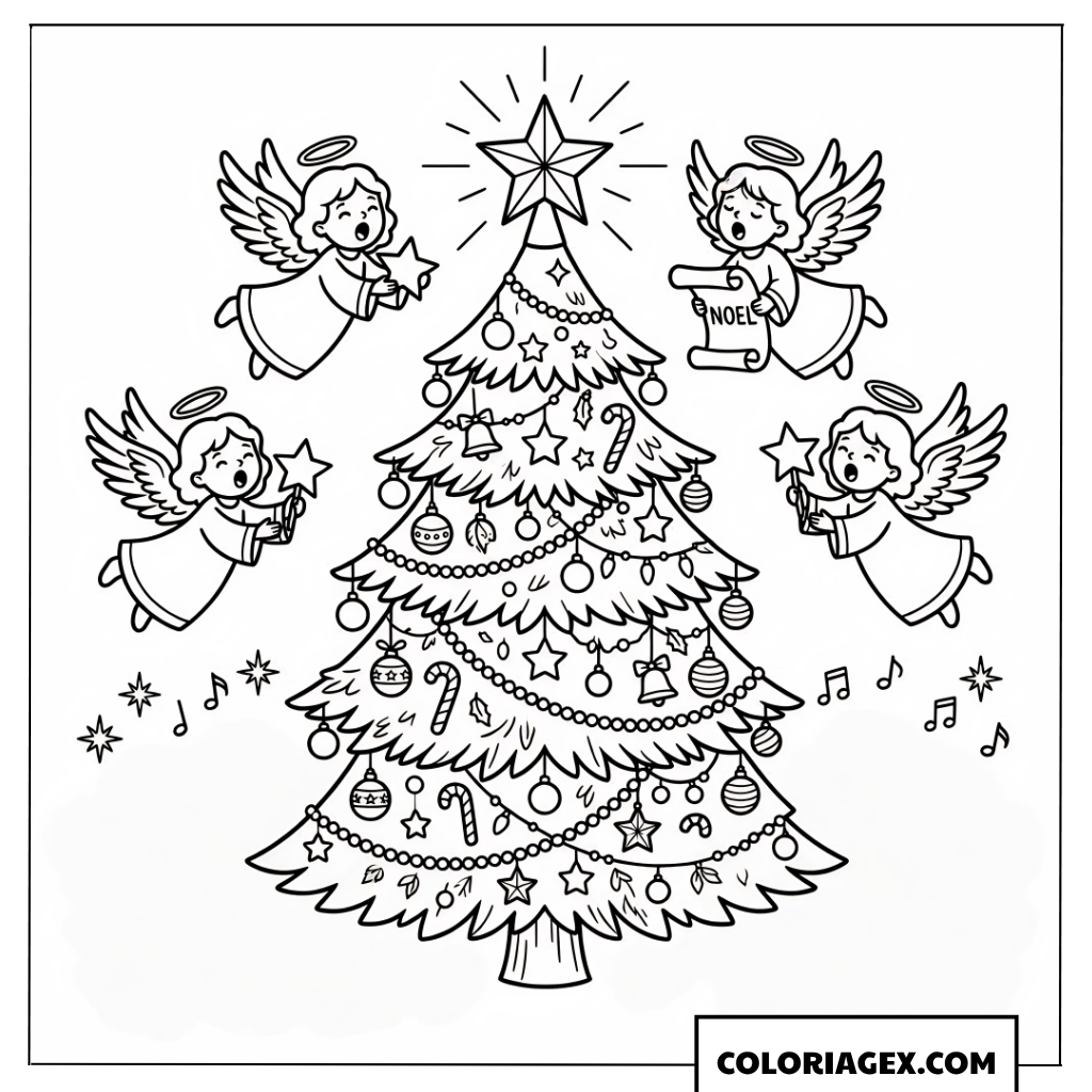 Coloriage du sapin de Noël et des petits anges