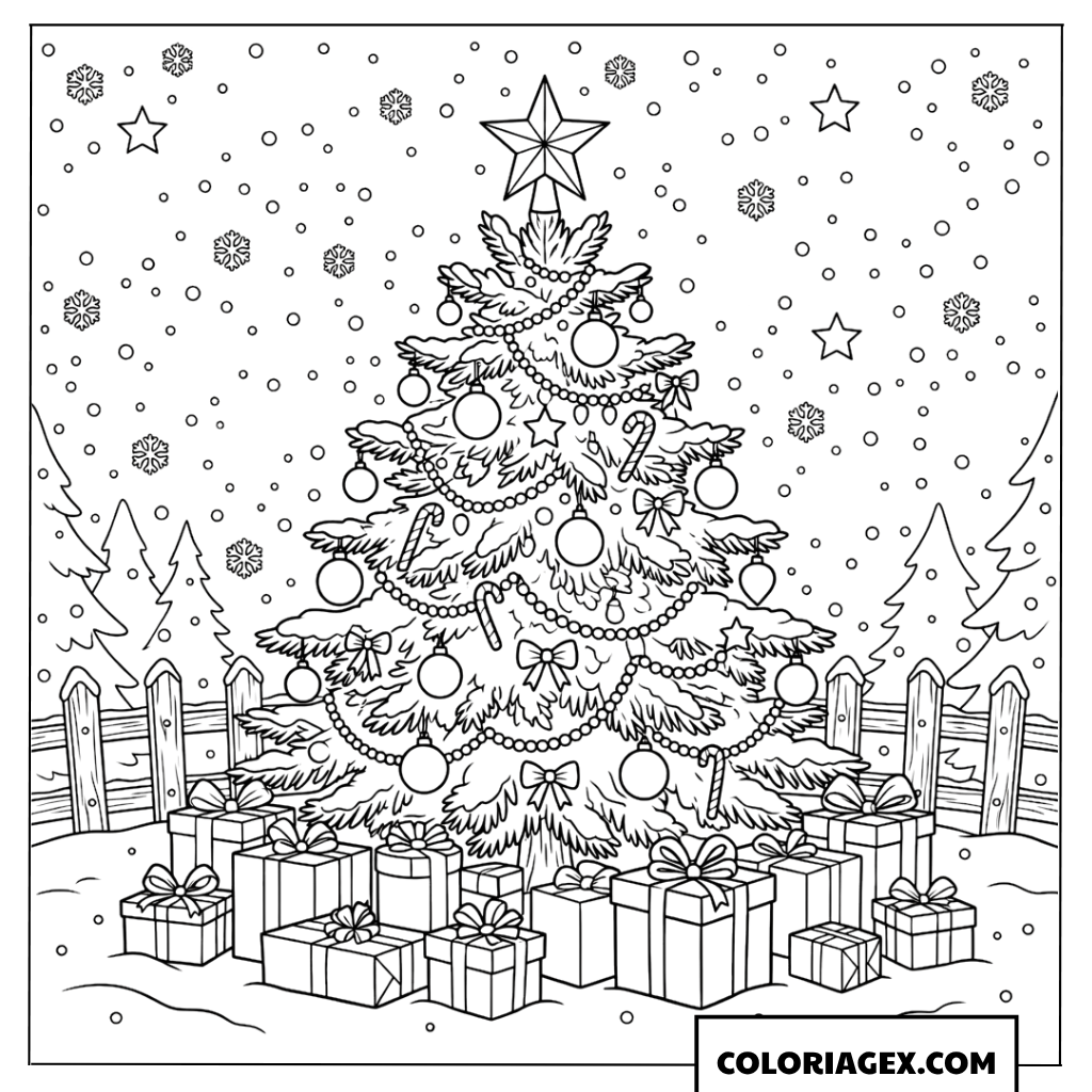 Coloriage du sapin de Noël sous la neige