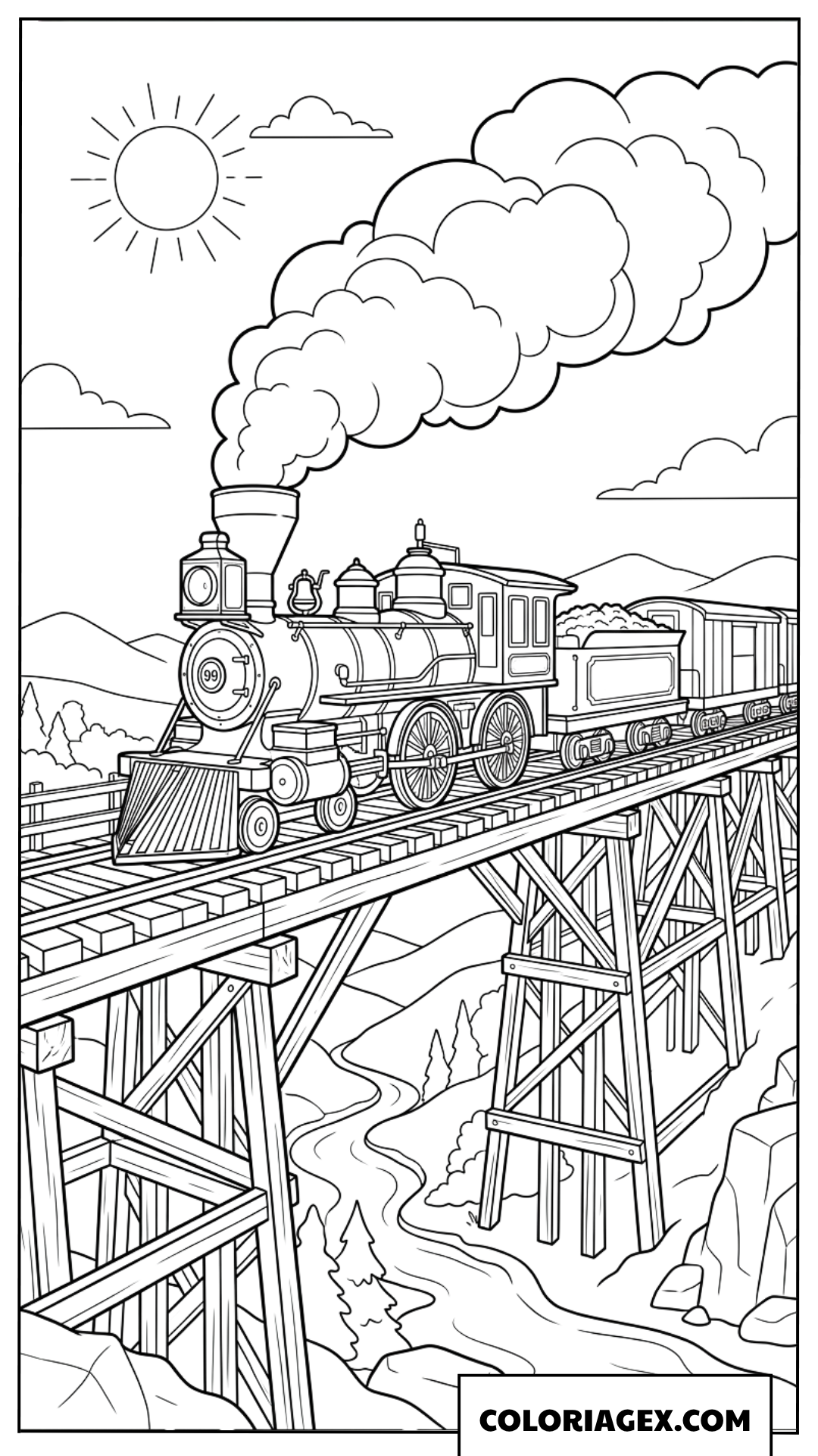 Coloriage du train à vapeur Old Iron sur un pont en bois