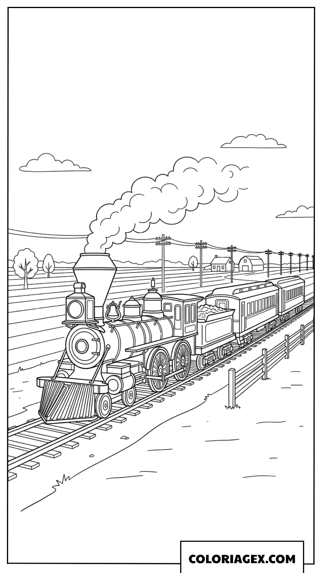Coloriage du train à vapeur traversant la campagne