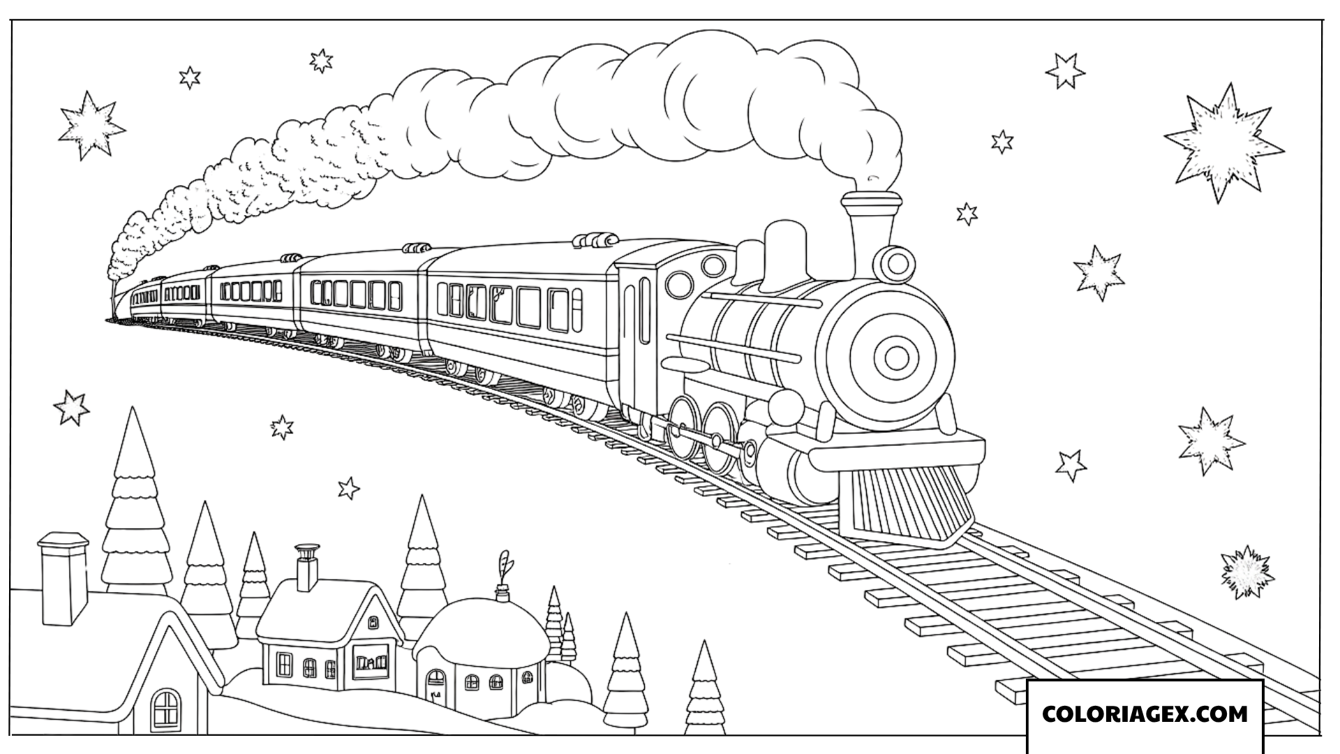 Coloriage du train magique volant dans le ciel étoilé de Noël