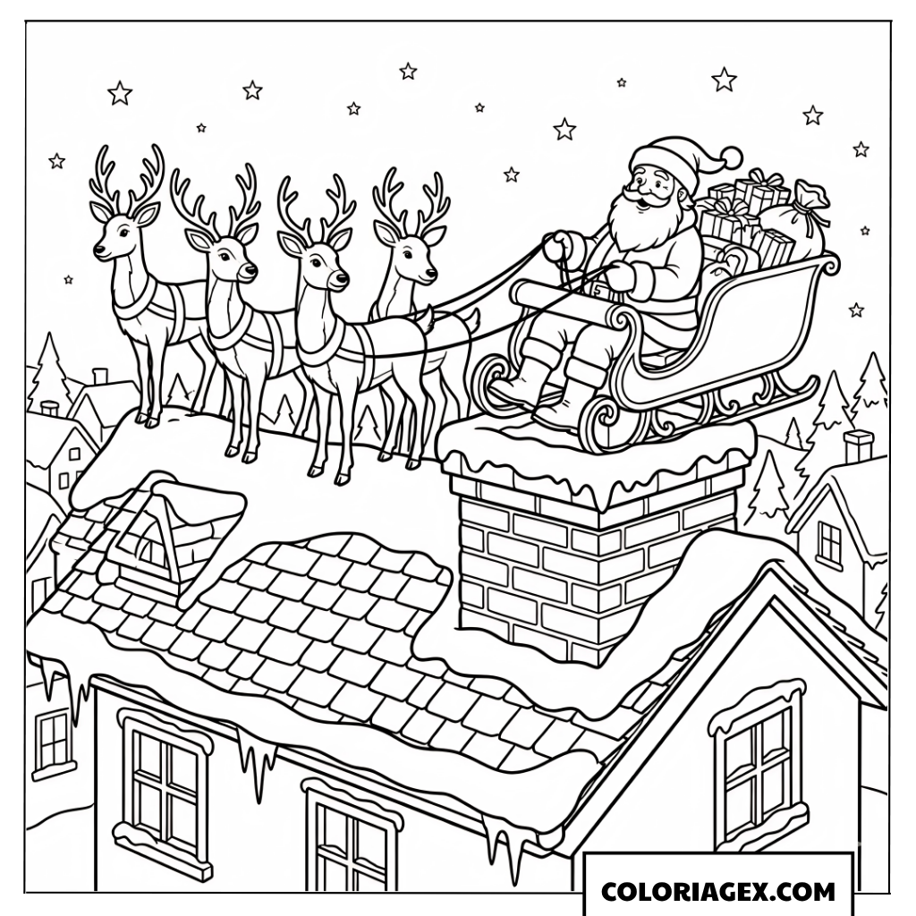 Coloriage du traîneau du Père Noël sur un toit enneigé