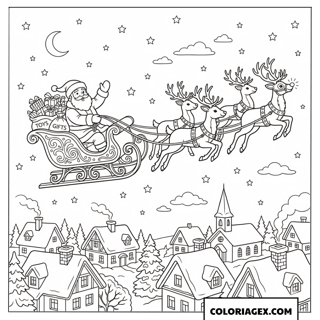 Coloriage du traîneau du Père Noël volant au-dessus de la ville