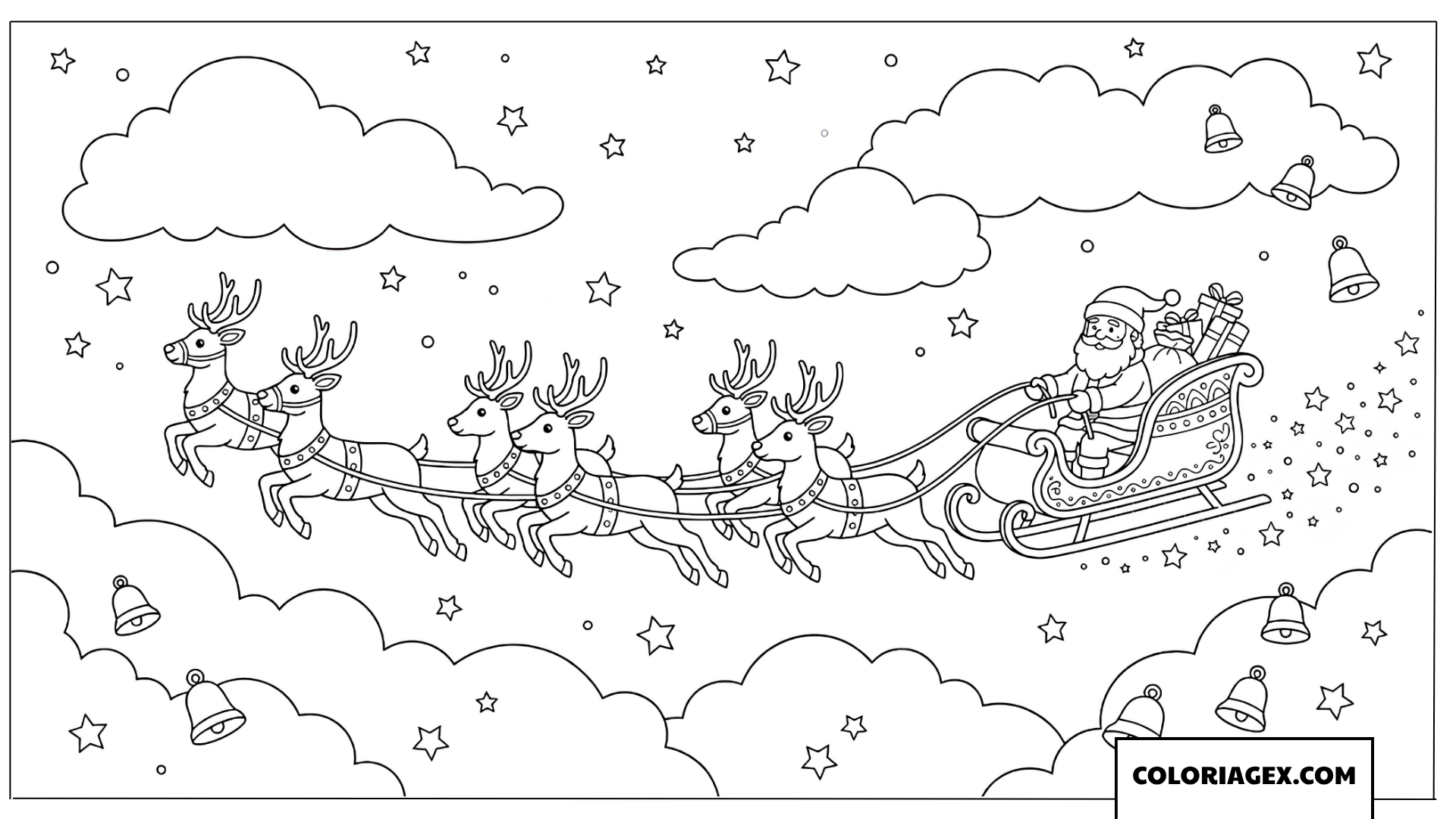Coloriage du traîneau du Père Noël volant dans le ciel