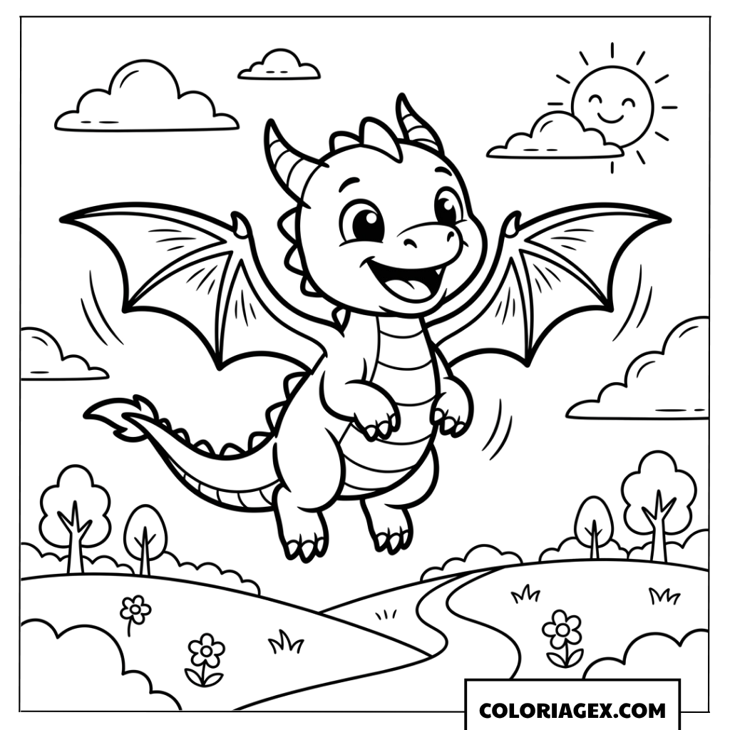 Coloriage d'un adorable bébé dragon volant sous le soleil