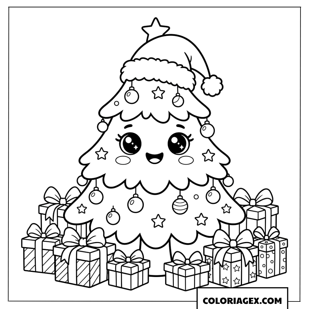 Coloriage d'un arbre de Noël kawaii avec un bonnet de Père Noël et des cadeaux